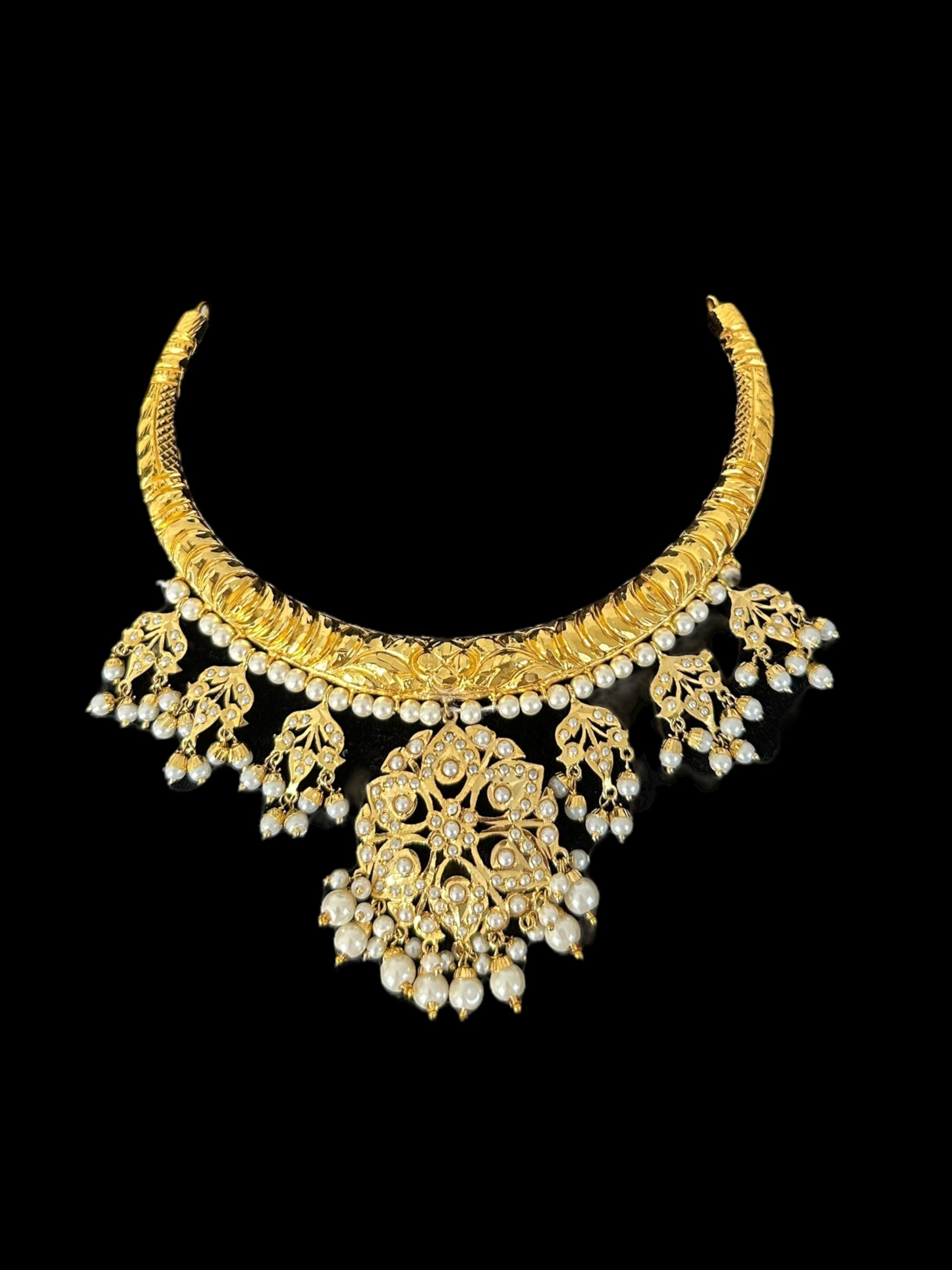 DNS189 Gold-Plated jadau Floral Hasli Necklace with jhumka earrings tika  – Handcrafted Traditional Set ( READY TO SHIP )