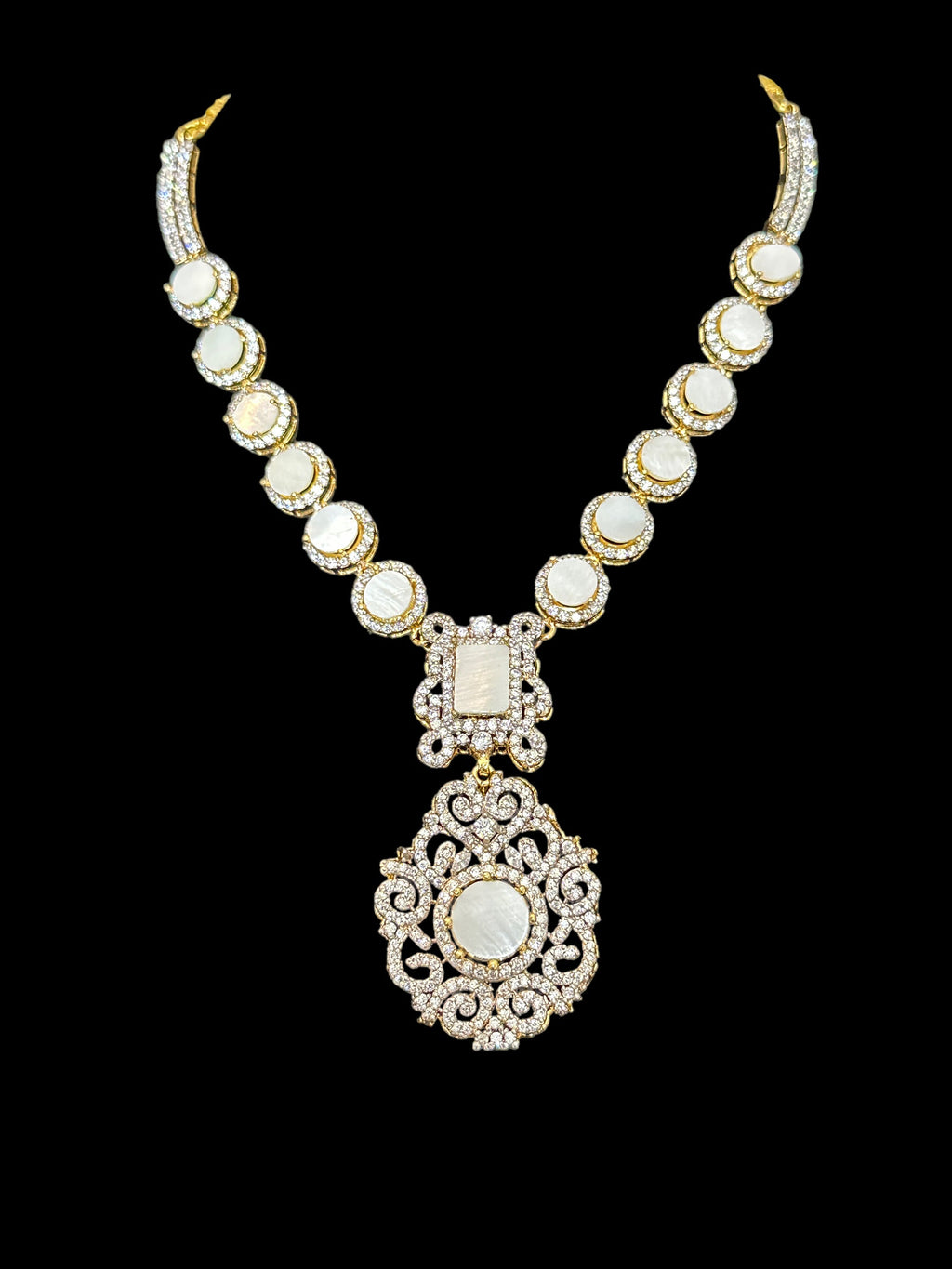 DNS117 zircon with mother of pearl necklace earrings set ( SHIPS IN 4 WEEKS  )