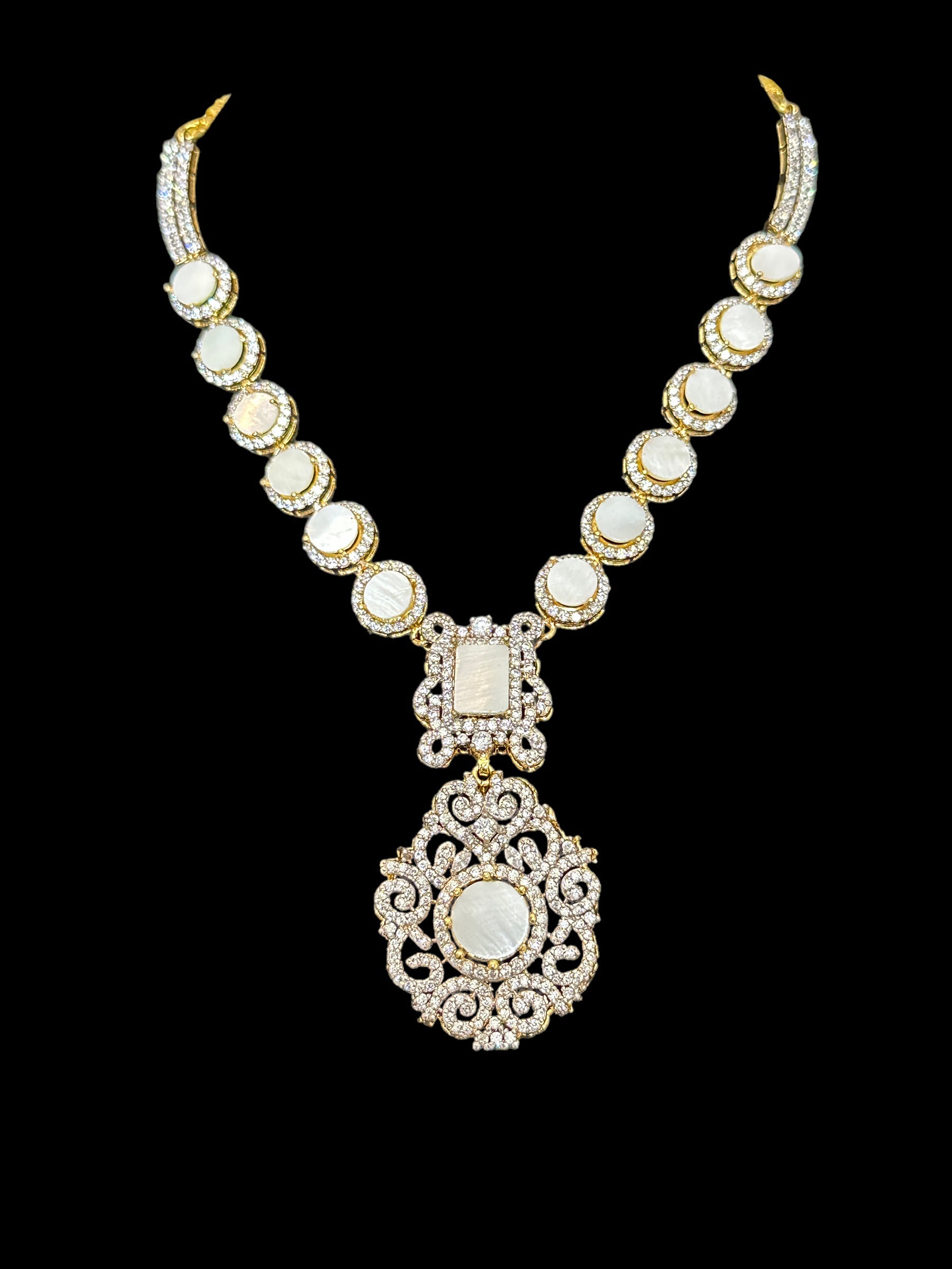 DNS117 zircon with mother of pearl necklace earrings set ( SHIPS IN 4 WEEKS  )