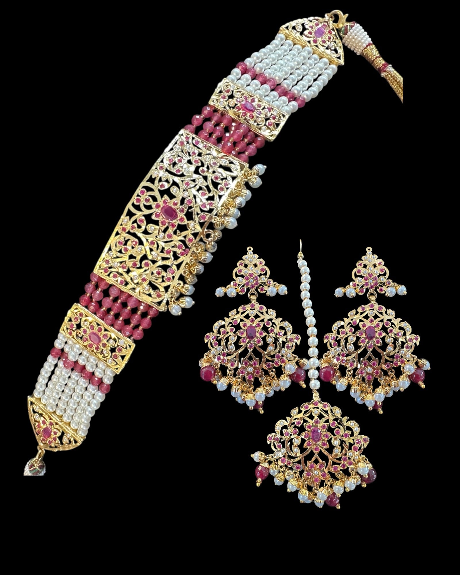 C570 Gold plated jadau choker in Ruby pearls ( READY TO SHIP )