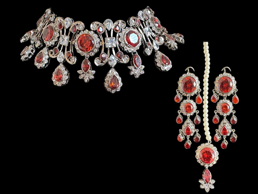 BR485 High quality cz  necklace set with tika - coral / orange , silver plated ( READY TO SHIP )
