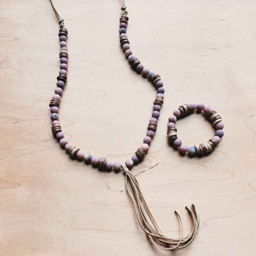 **Frosted Marble Jasper and Wood Stretch Bracelet (808z)