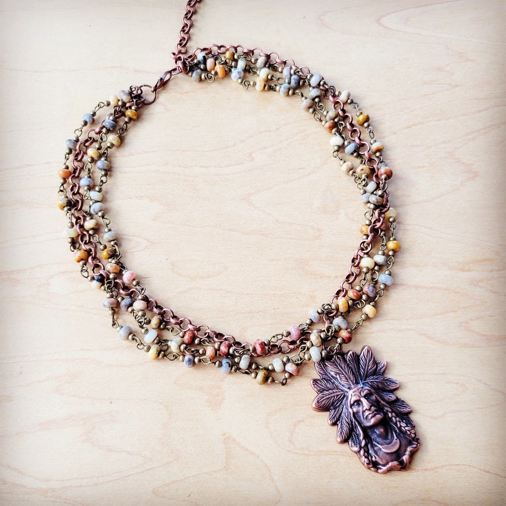 Natural Agate Beaded Collar Necklace w/ Indian Pendant 260v