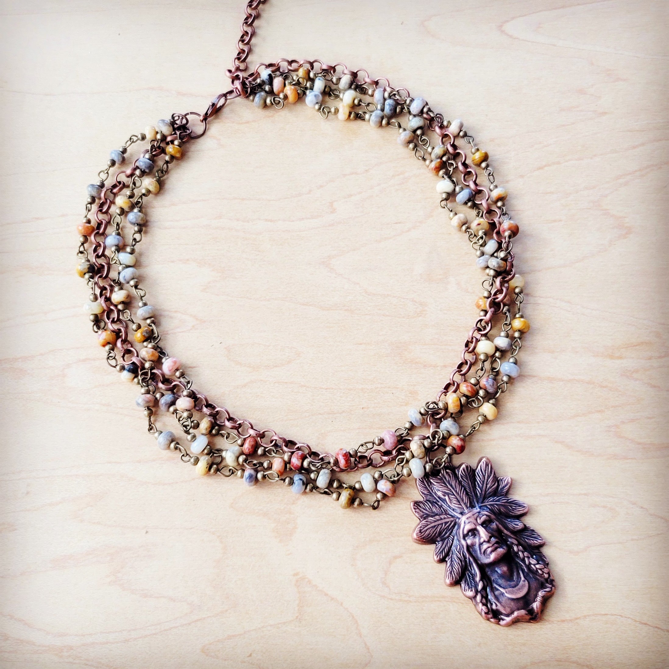 Natural Agate Beaded Collar Necklace w/ Indian Pendant 260v