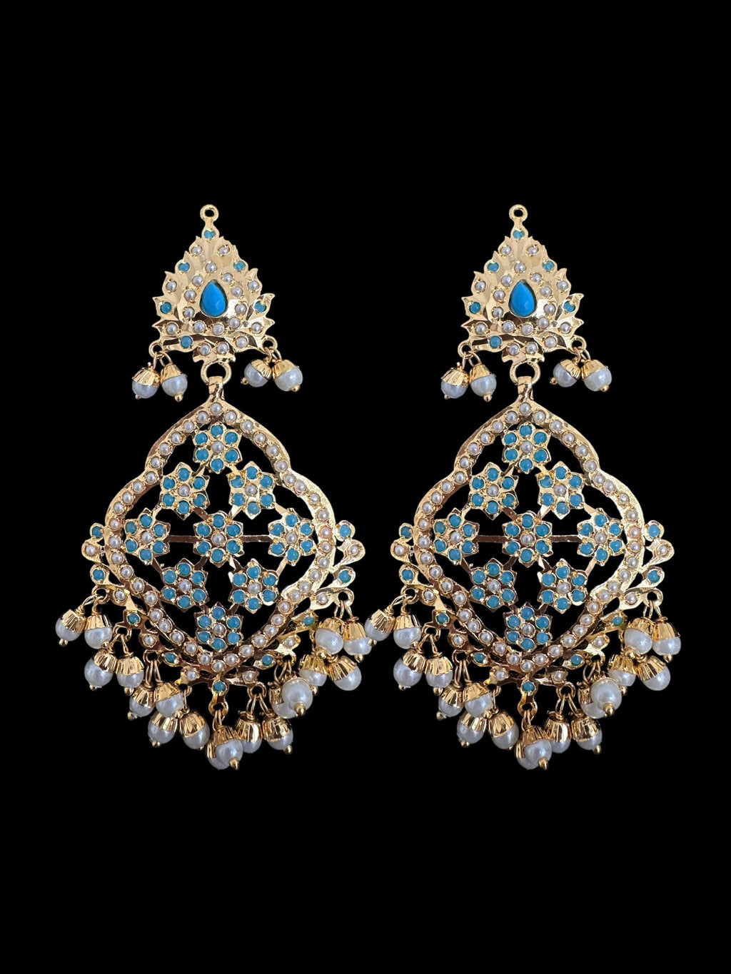 Mehru Jadau chandbali earrings tika in turquoise/feroza pearls ( READY TO SHIP )