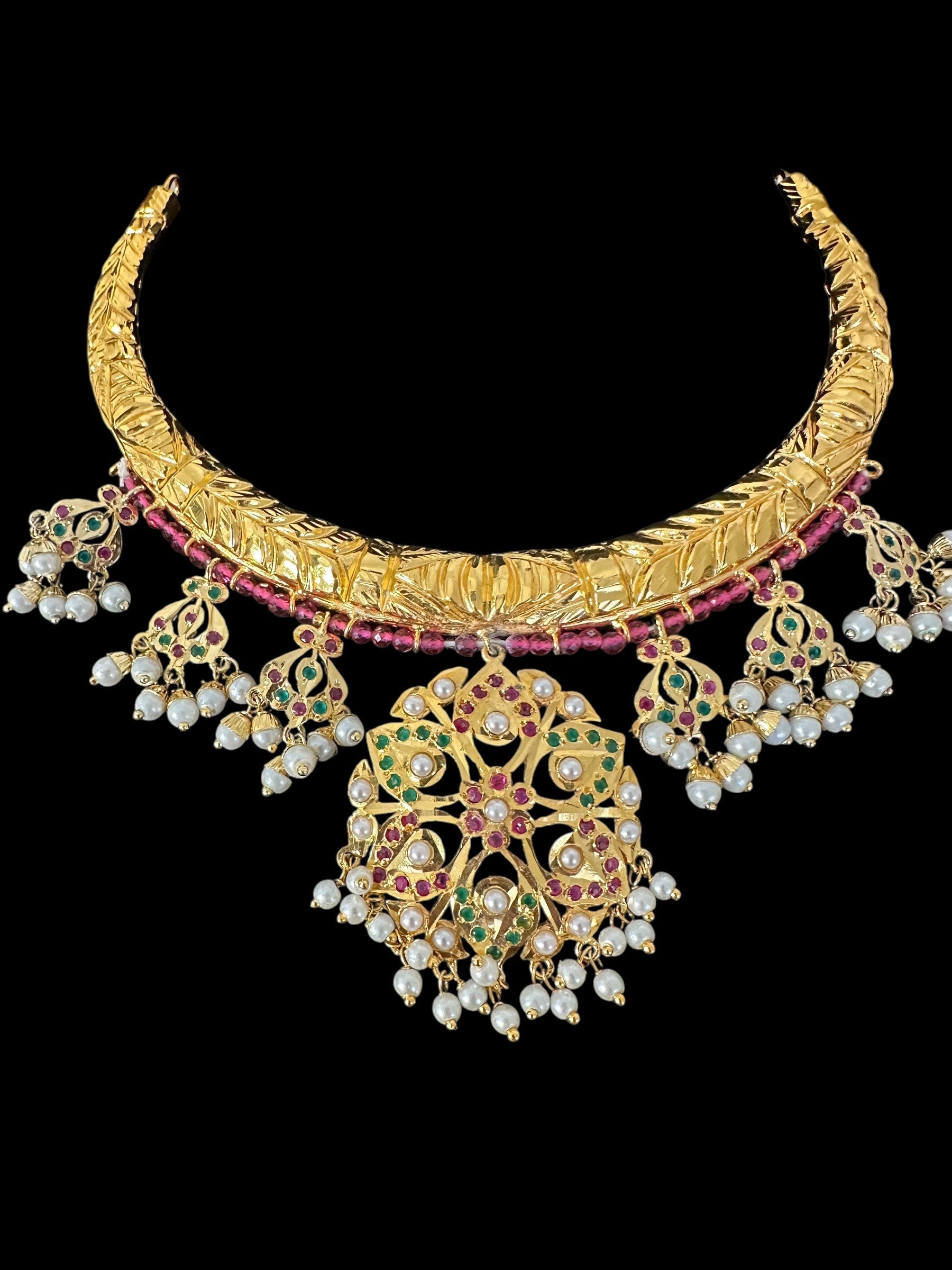 DNS190  Gold-Plated jadau ruby emerald  Hasli Necklace with earrings tika  – Handcrafted Traditional Set ( READY TO SHIP )