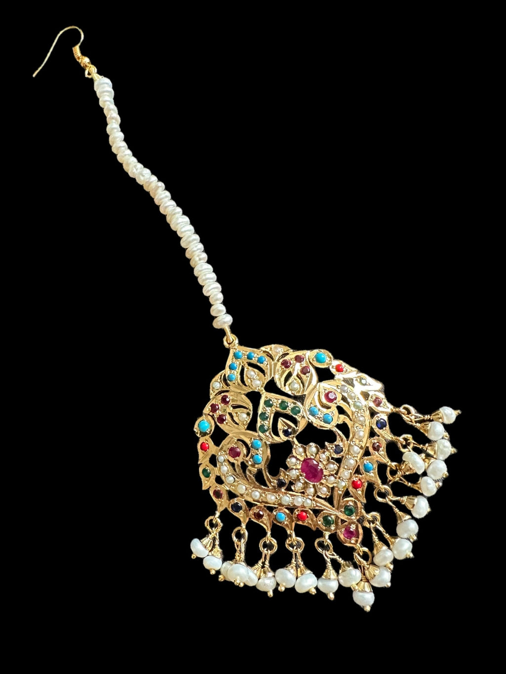 ESMA Navratan tika in silver with fresh water pearls - gold plated ( SHIPS IN 4 WEEKS  )