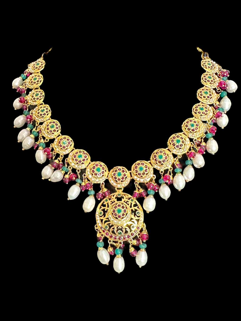 SN20 Ruby emerald pearl necklace with earrings|92.5silver gold plated ( READY TO SHIP )
