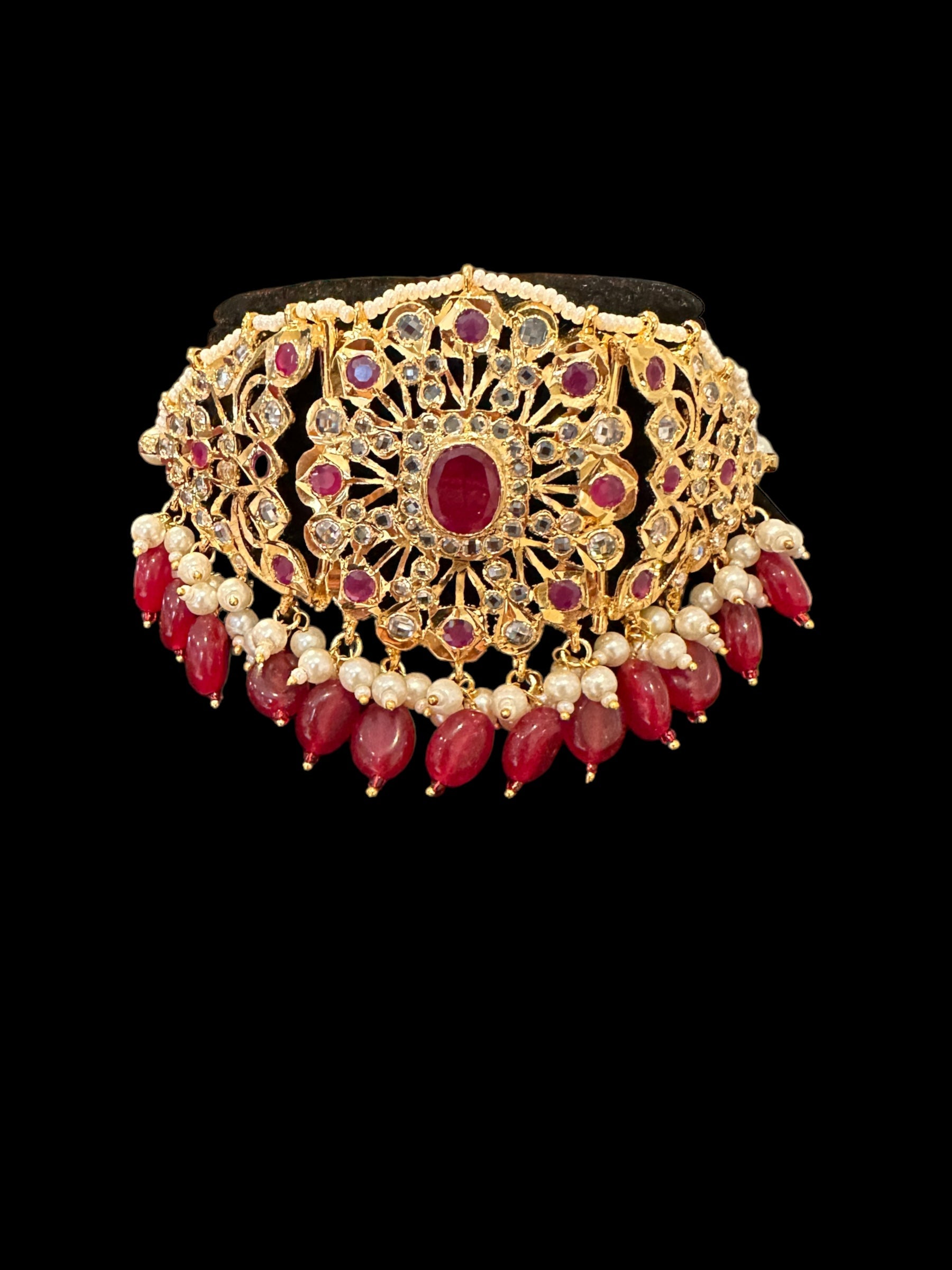 C333 Hyderabadi  choker set in pearls  and ruby with jhumka ( SHIPS IN 4 WEEKS )