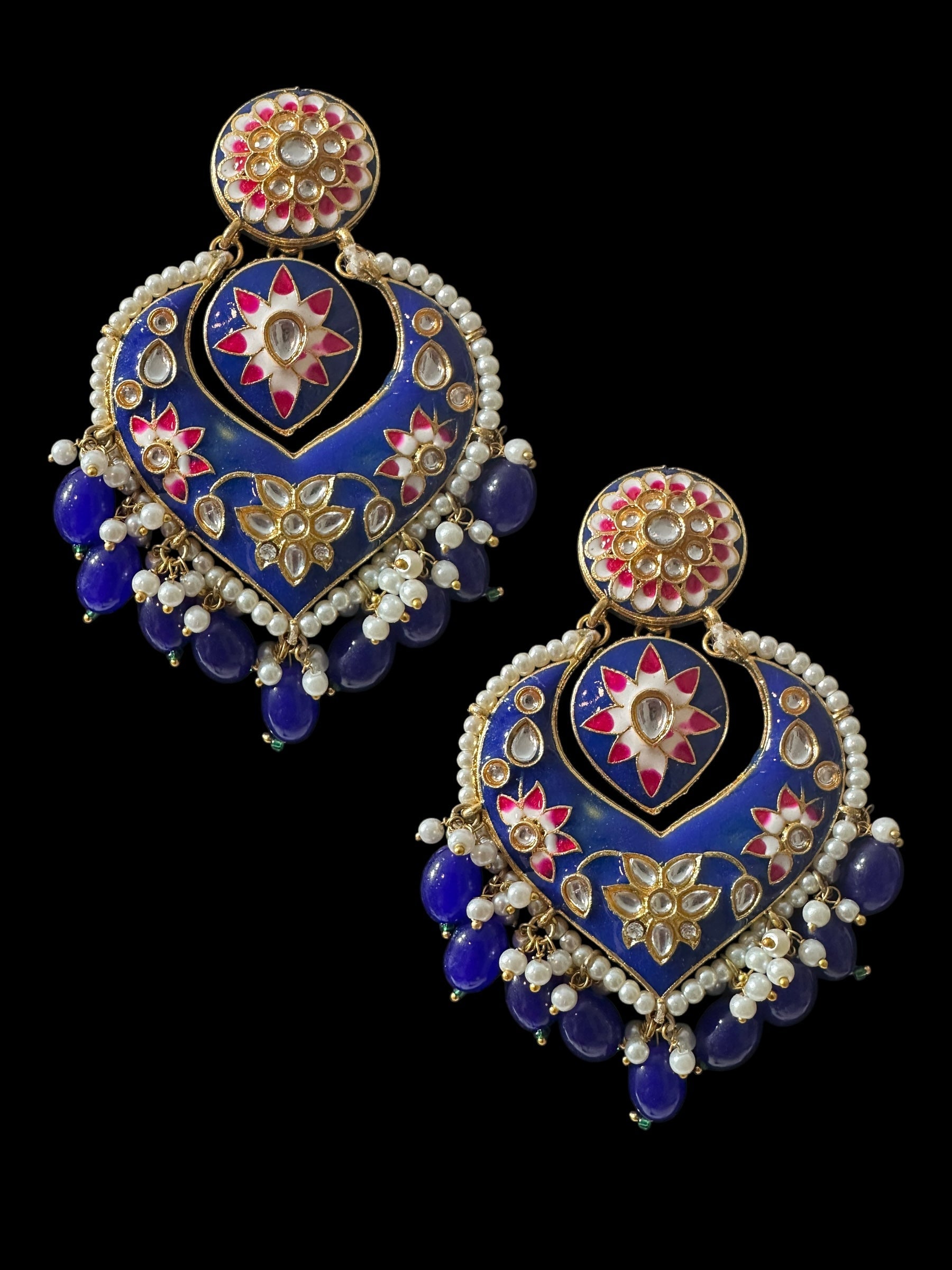 DER797 large sized kundan earrings - royal blue  ( READY TO SHIP )