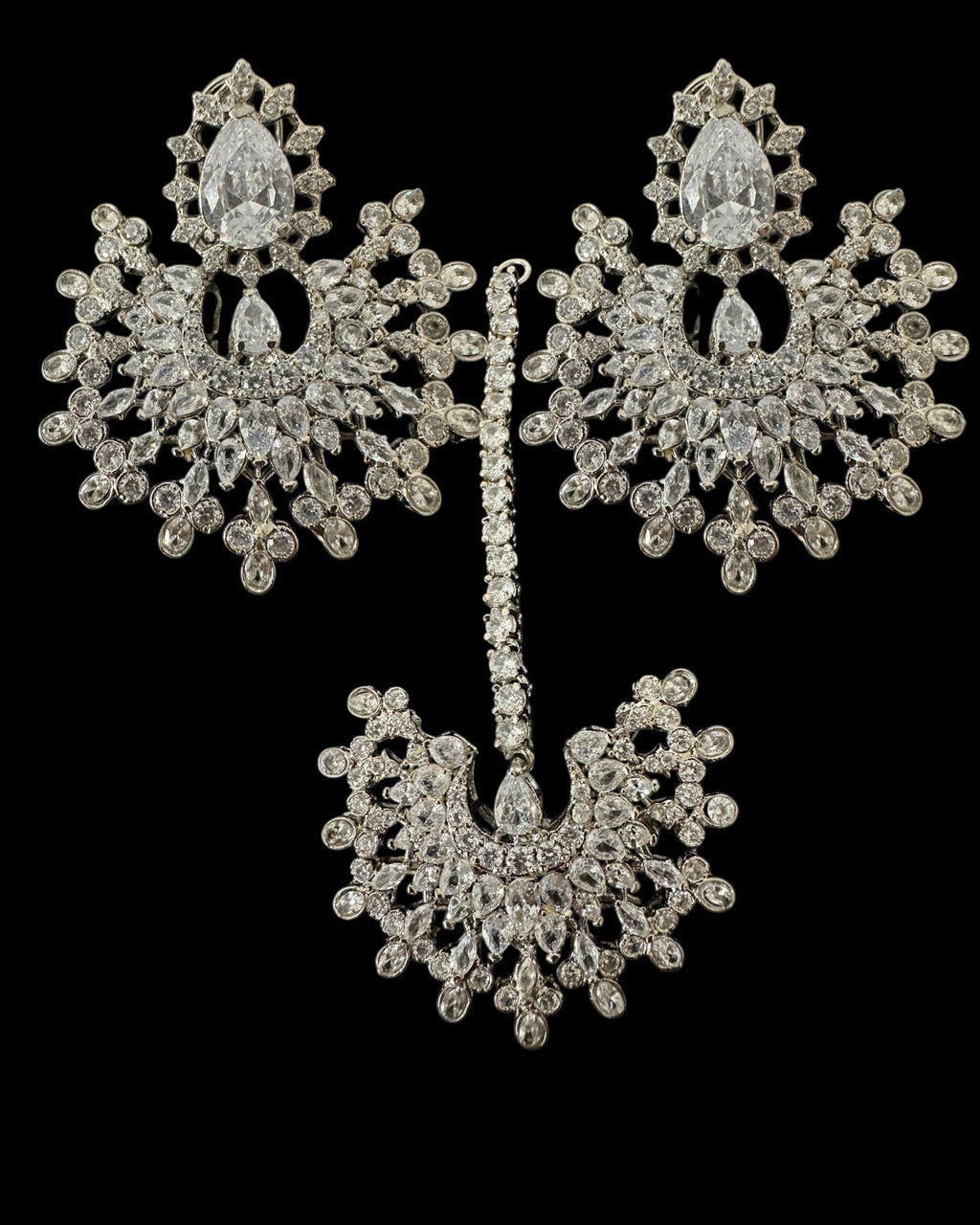 Subhana silver plated chandbali earrings tika set  ( READY TO SHIP )