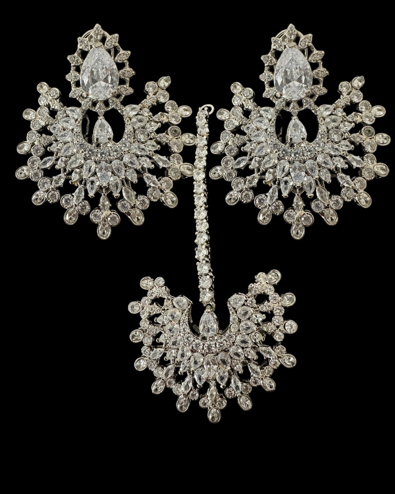 Subhana silver plated chandbali earrings tika set  ( READY TO SHIP )