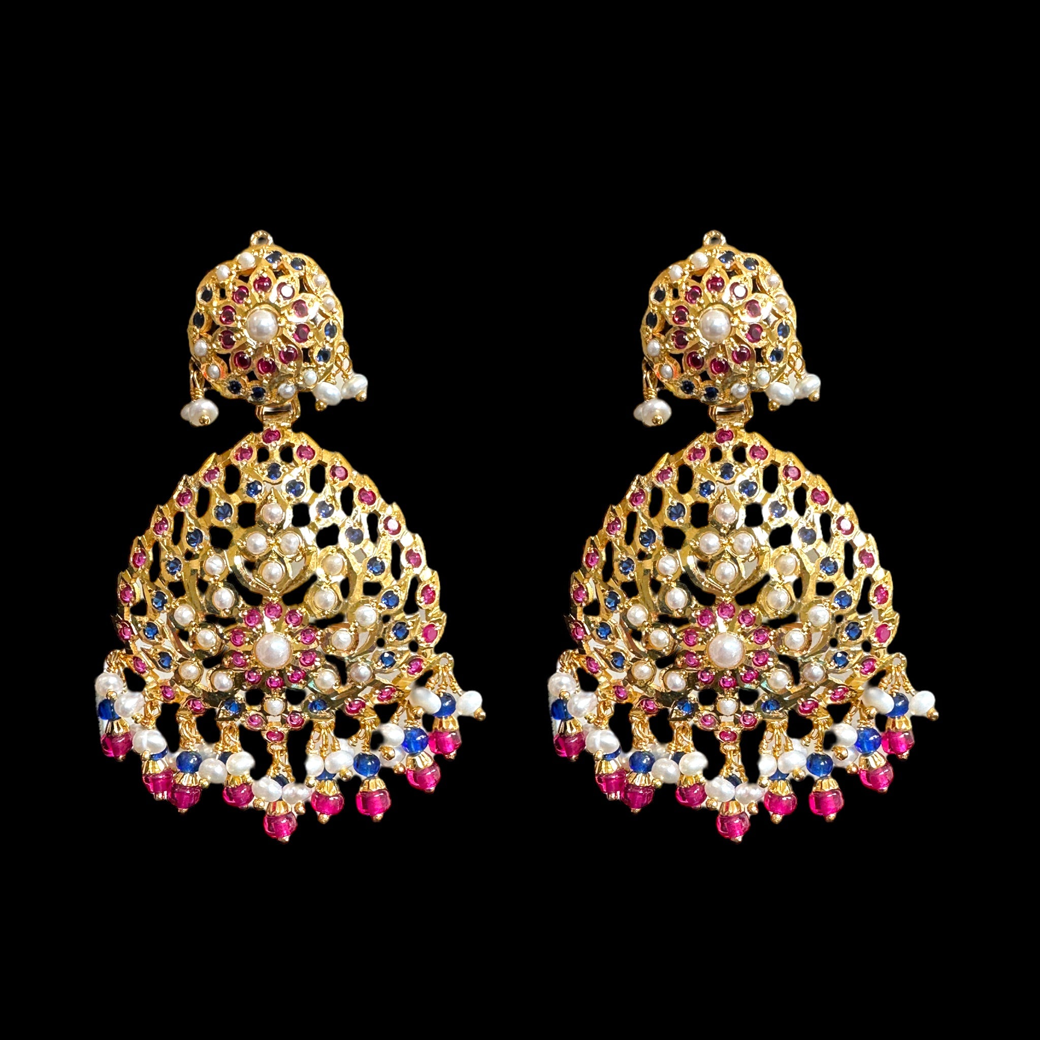 Ruby sapphire and fresh water pearl necklace with earrings in gold plated silver ( READY TO SHIP)