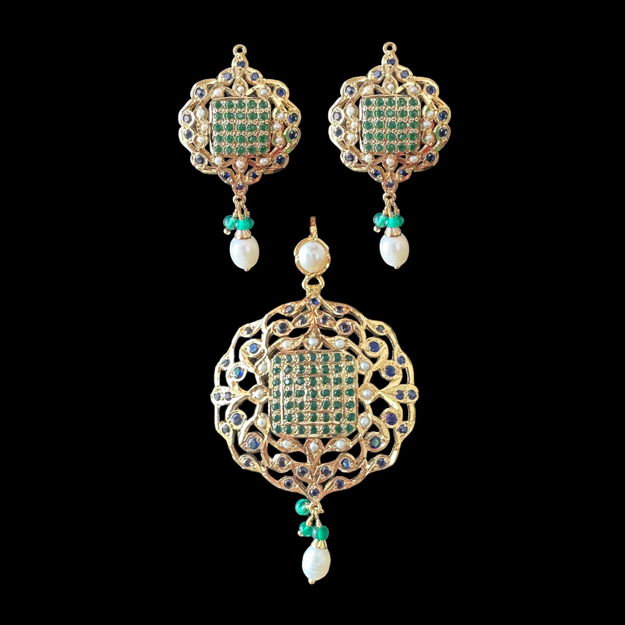 SAVERA Emerald sapphire gold plated silver pendant set ( READY TO SHIP )