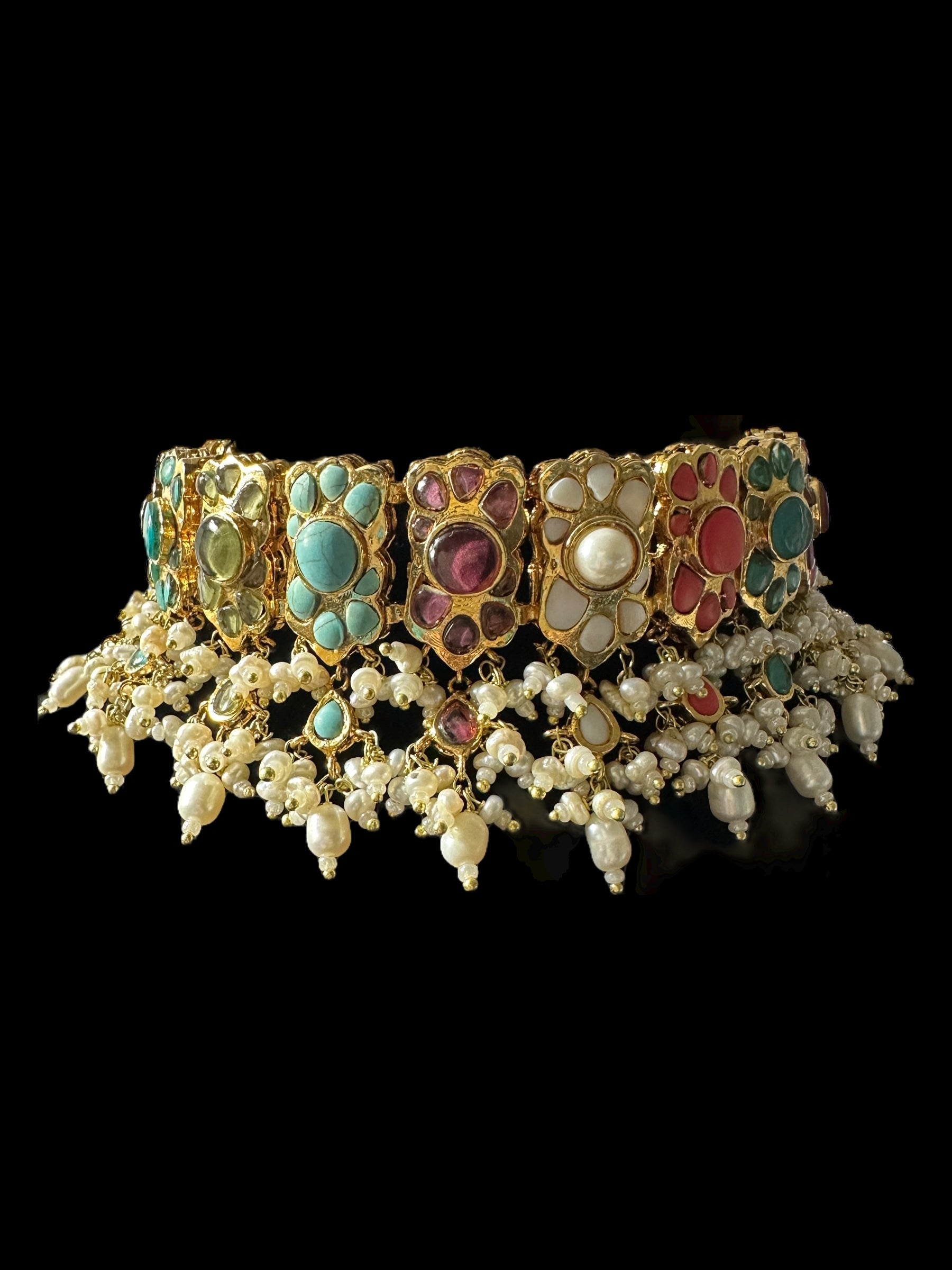 C547 Navratan bridal choker earrings set in fresh water pearls ( READY TO SHIP )