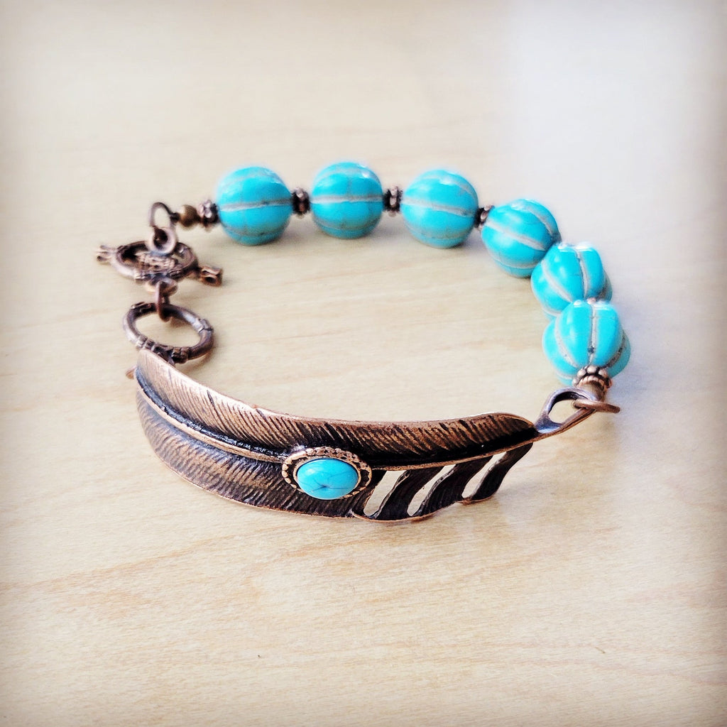 Blue Melon Turquoise Beaded Bracelet on Copper Feather 810u