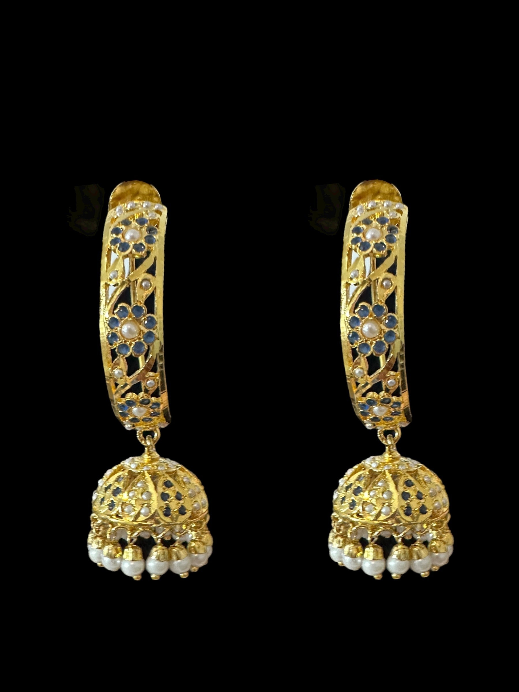 DER805 Jadau jhumka/hoop earrings in sapphire pearl combination ( SHIPS IN 3 WEEKS )