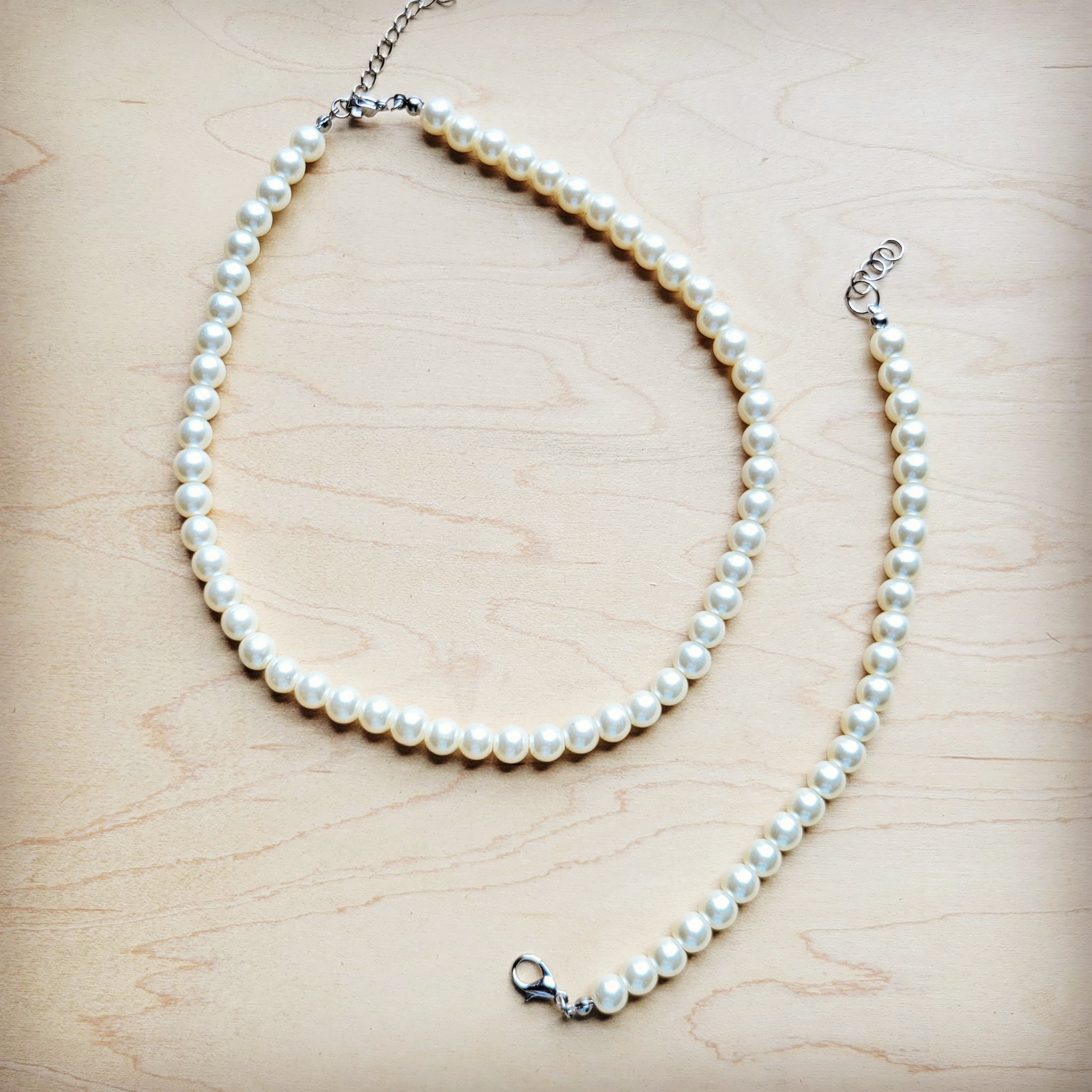 **Glass Pearl Necklace & Bracelet Set Wedding Collection 259w