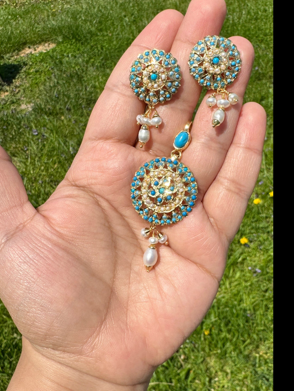 Gold plated silver pendant set in turquoise / feroza ( SHIPS IN 4 WEEKS )