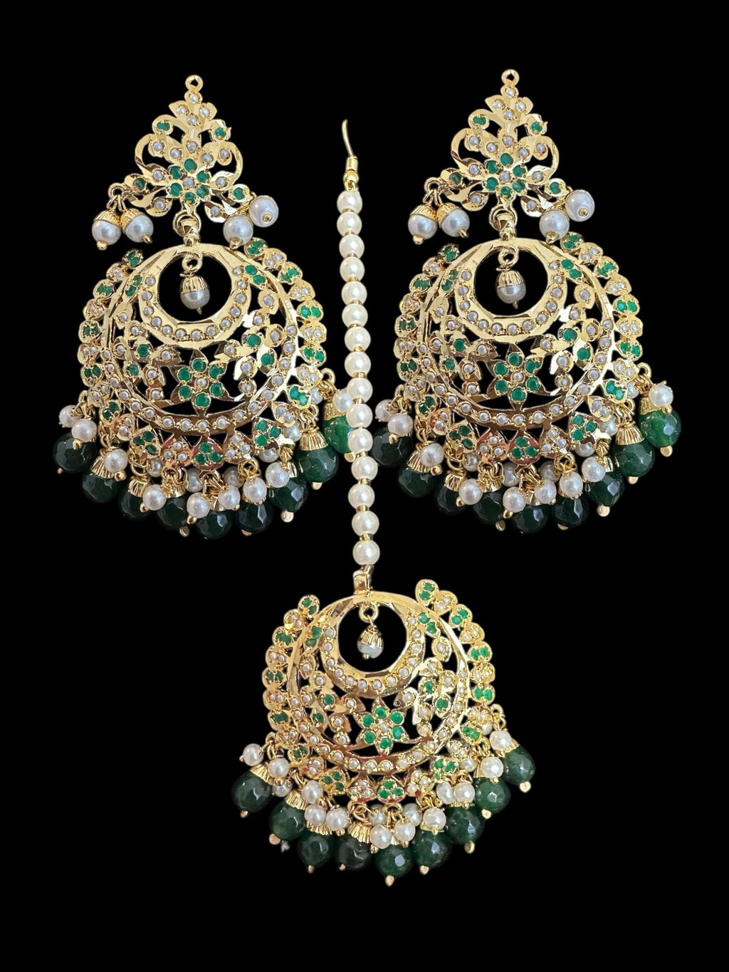 Dafiya Gold Plated emerald Chandbali Earrings & Tika Set | Ready to Ship | Deccan Jewelry