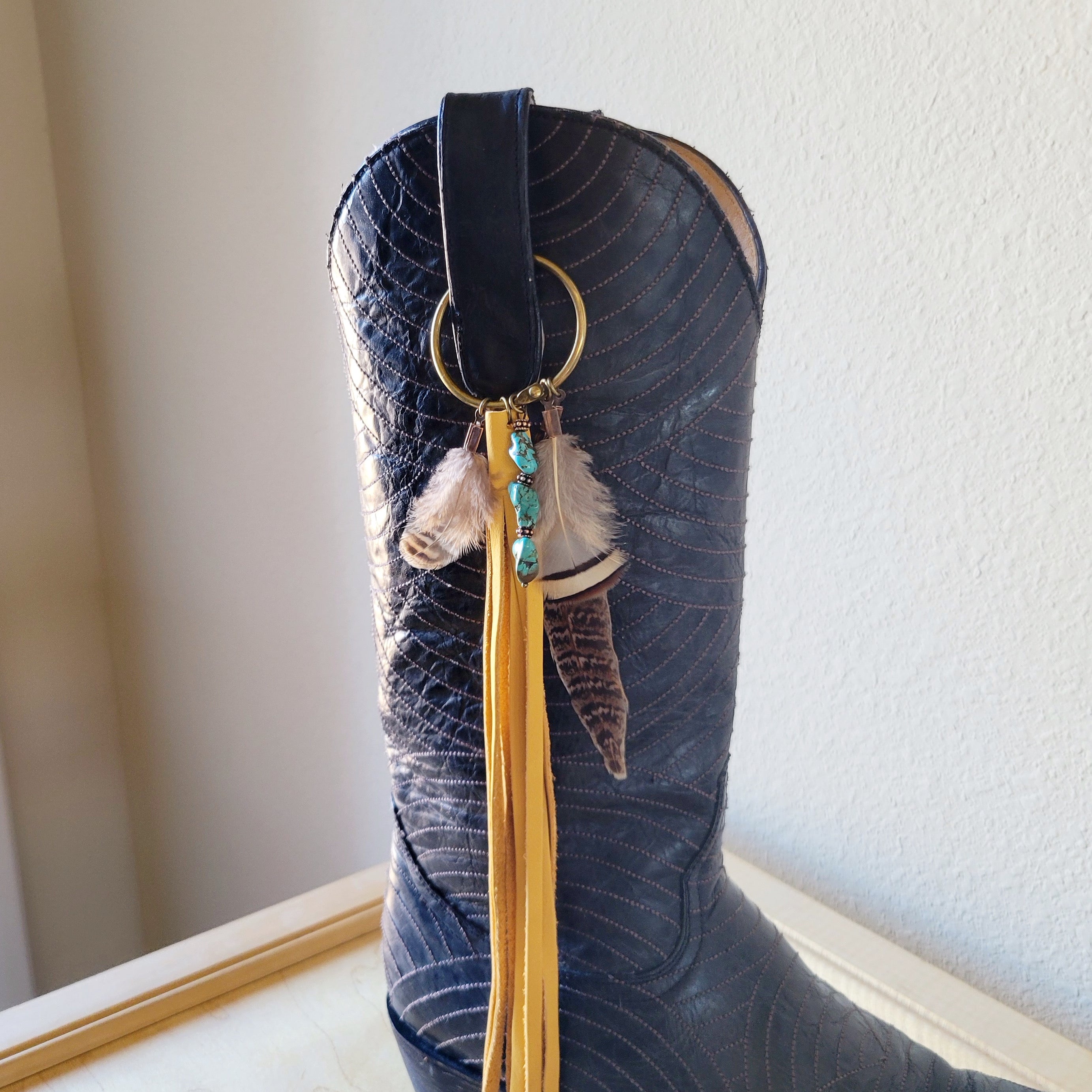Boho Western Boot Bling Charm with Leather Fringe 500c