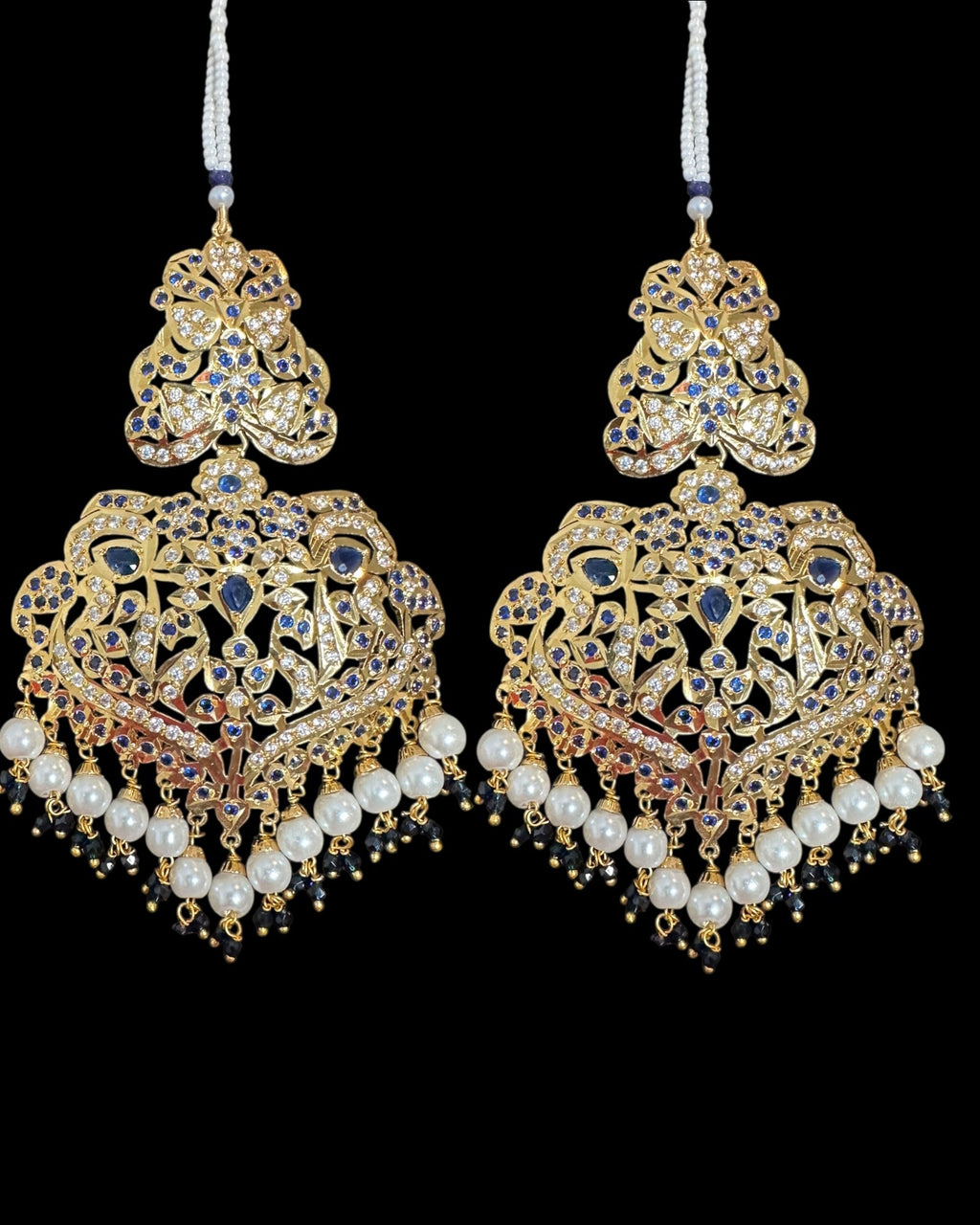 DNS204 Neeli jadau necklace with earrings tika in sapphire zircon(READY TO SHIP  )