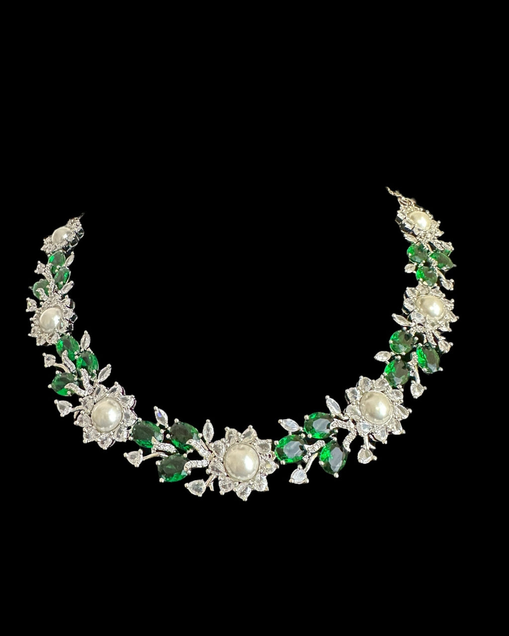 DNS137G silver plated necklace set - Green / Emerald  ( READY TO SHIP )