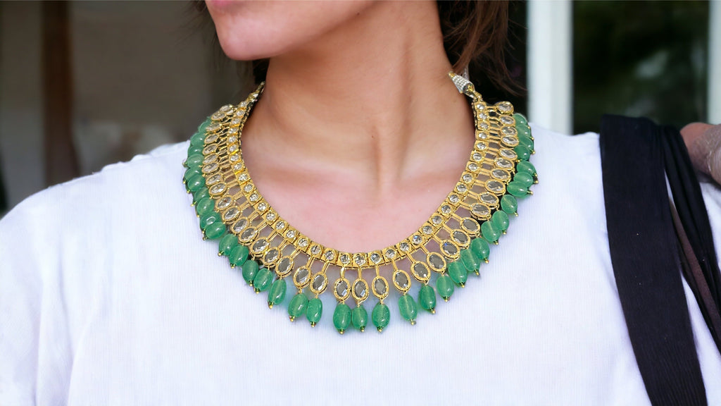 DNS89 gold plated necklace with light green beads ( READY TO SHIP )