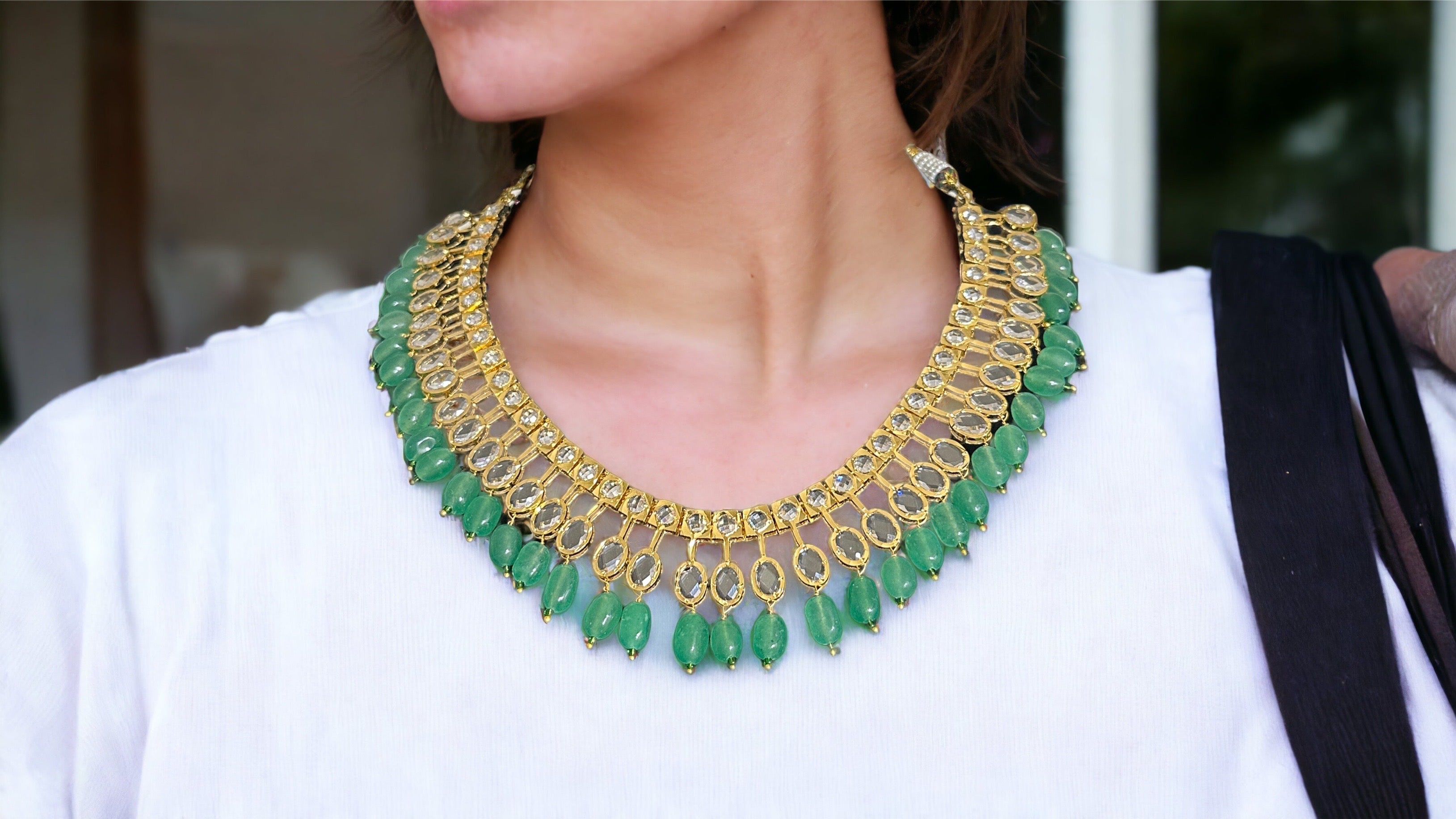 DNS89 gold plated necklace with light green beads ( READY TO SHIP )
