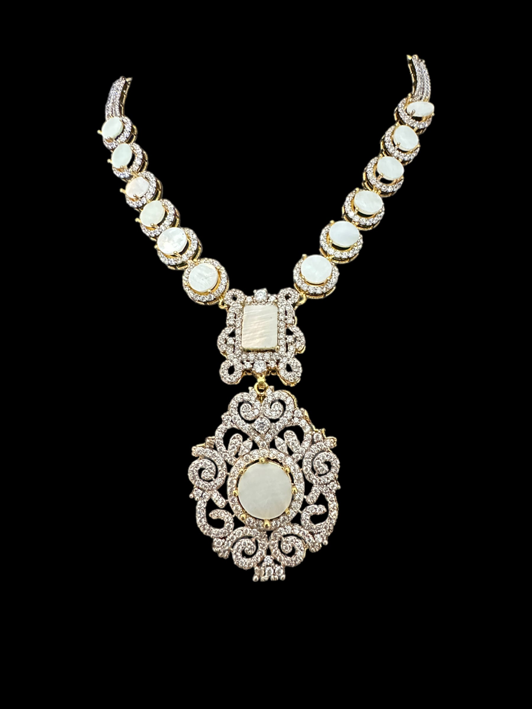 DNS117 zircon with mother of pearl necklace earrings set ( SHIPS IN 4 WEEKS  )