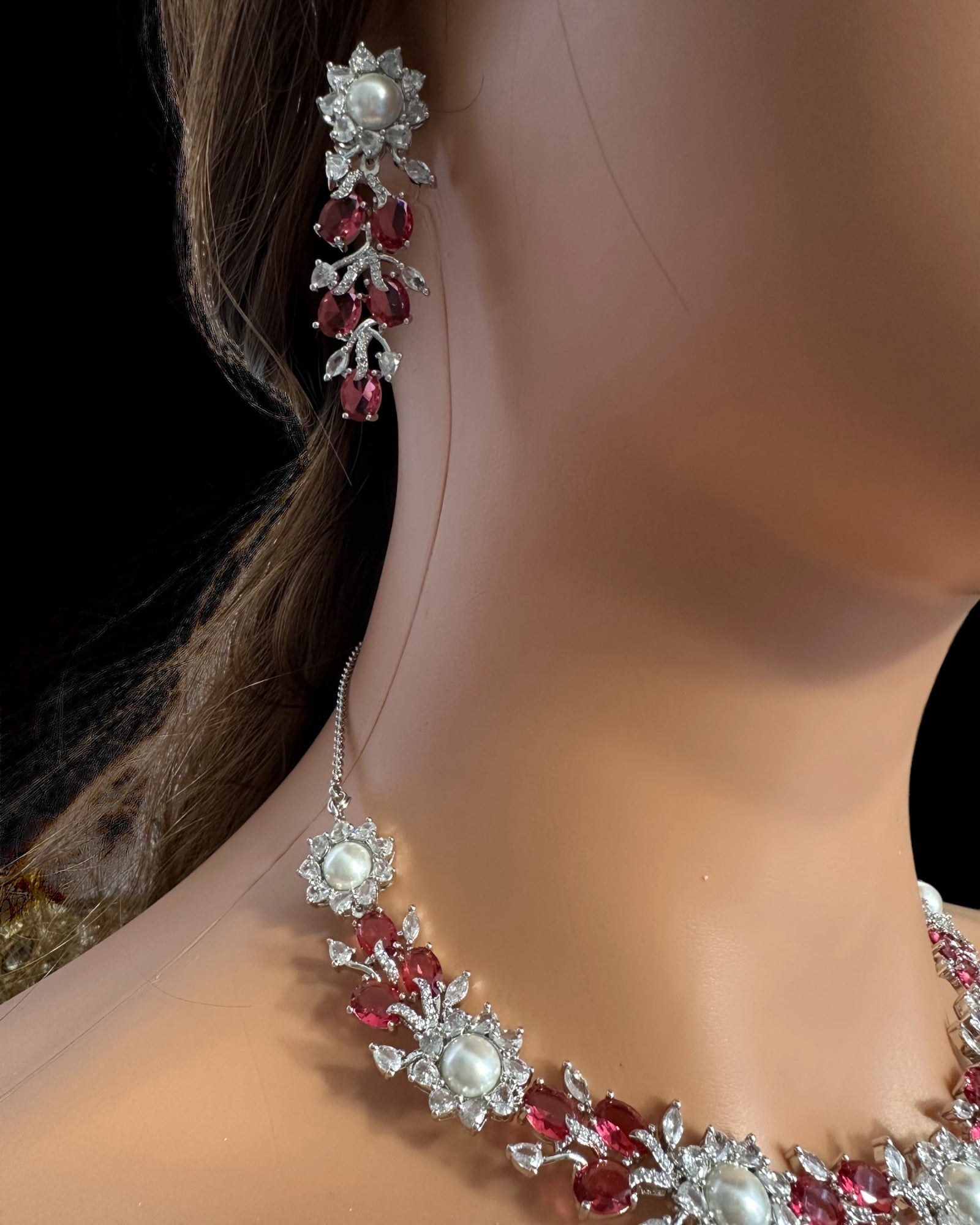 DNS137R silver plated necklace set - Ruby ( READY TO SHIP )