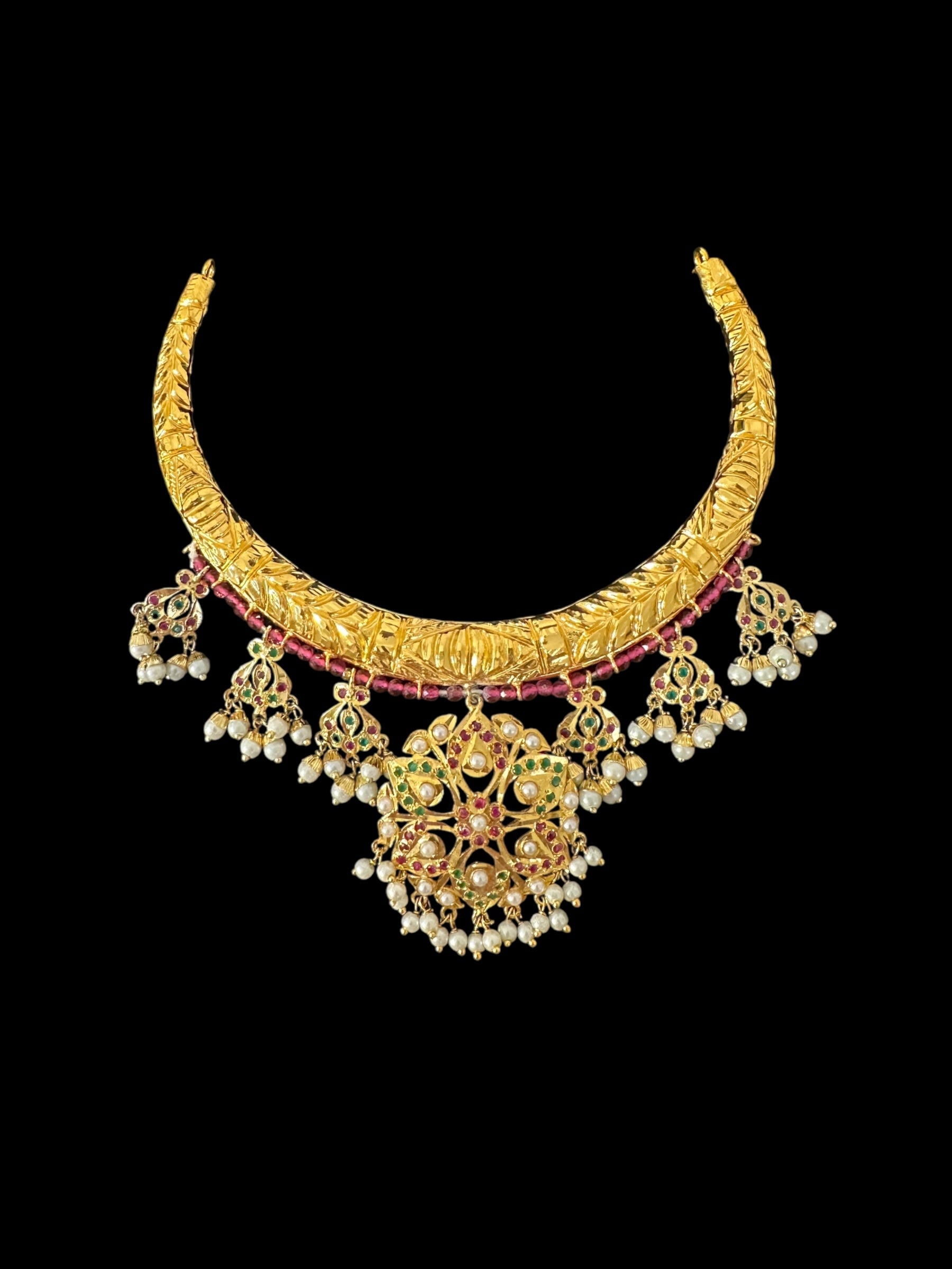 DNS190  Gold-Plated jadau ruby emerald  Hasli Necklace with earrings tika  – Handcrafted Traditional Set ( READY TO SHIP )