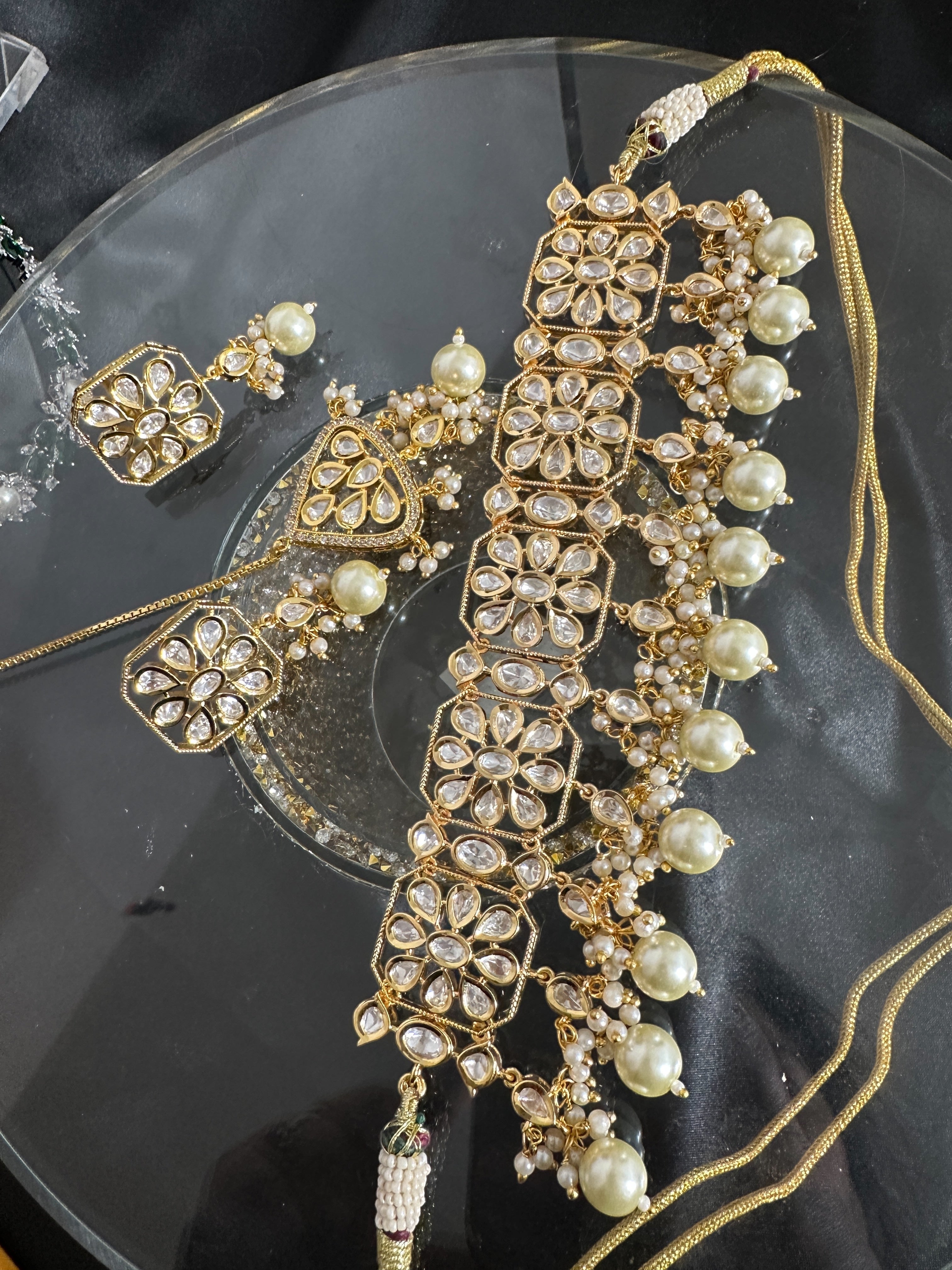 C549 vanya polki choker with earrings in golden pearls ( READY TO SHIP )