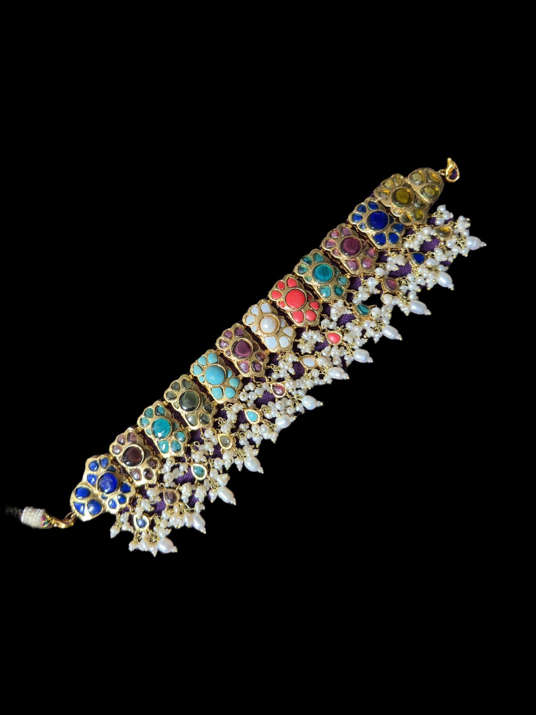 C547 Navratan bridal choker earrings set in fresh water pearls ( READY TO SHIP )