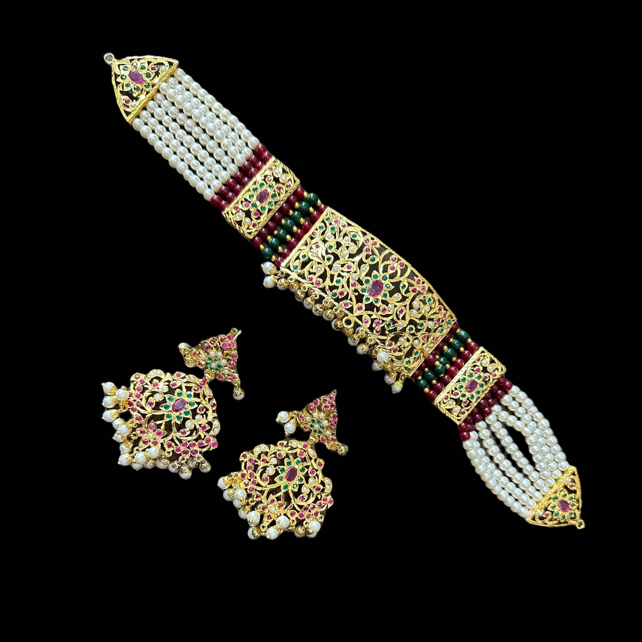 C315 Gold plated jadau choker in red green  ( SHIPS IN 3 WEEKS  )