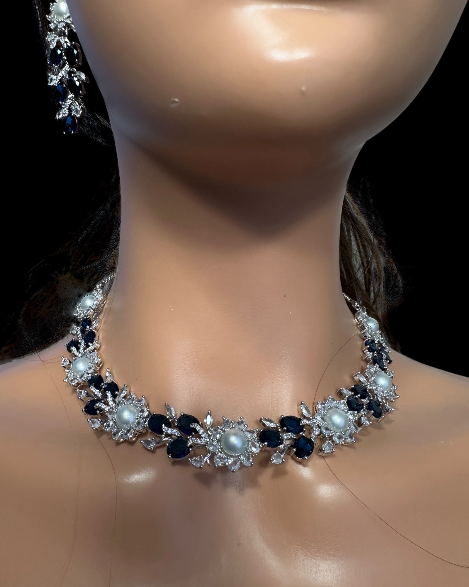 DNS137B silver plated necklace set - BLUE / SAPPHIRE  ( READY TO SHIP )