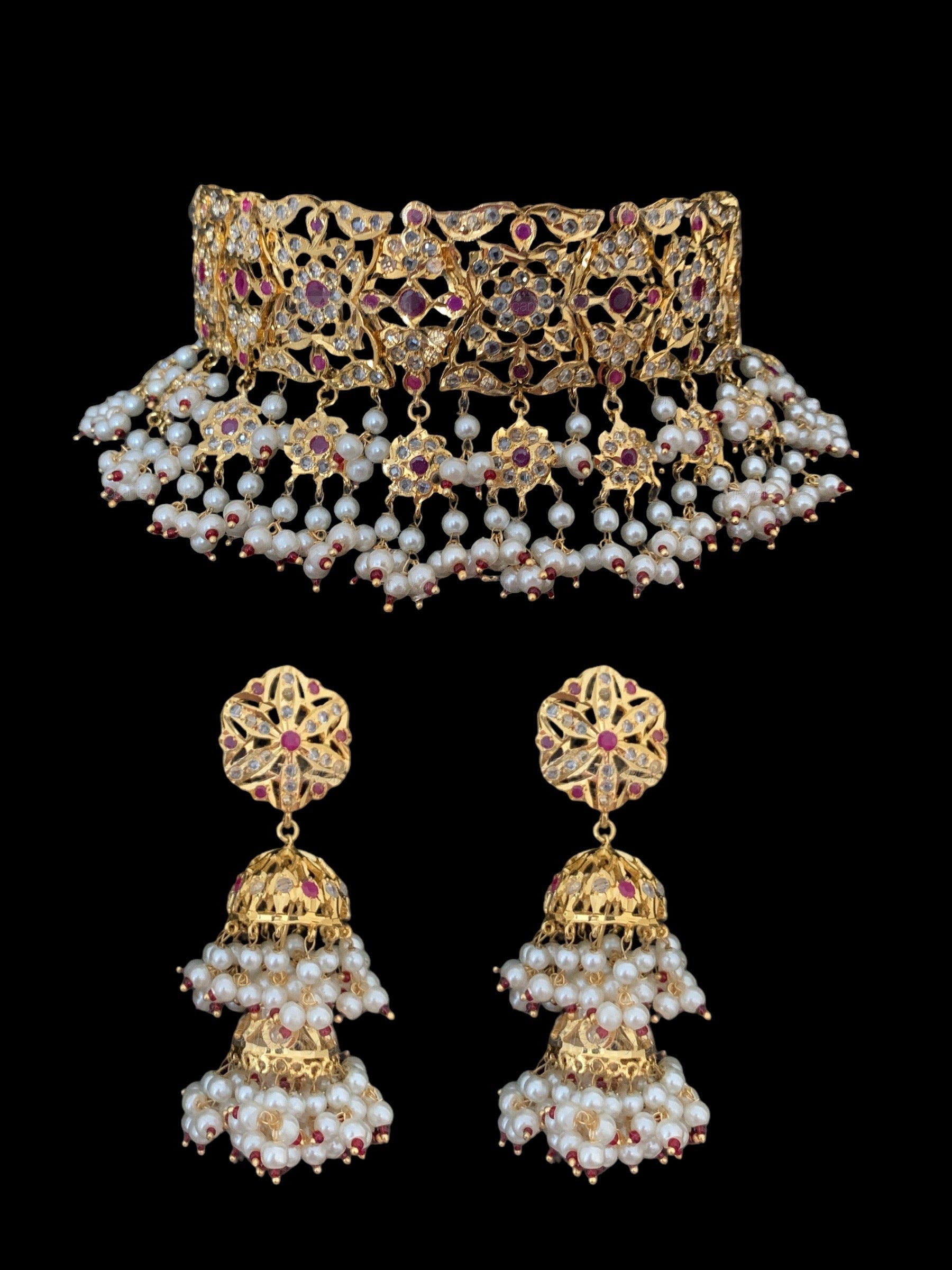 C00 Kesariya choker set in rubies( SHIPS IN 4 WEEKS )