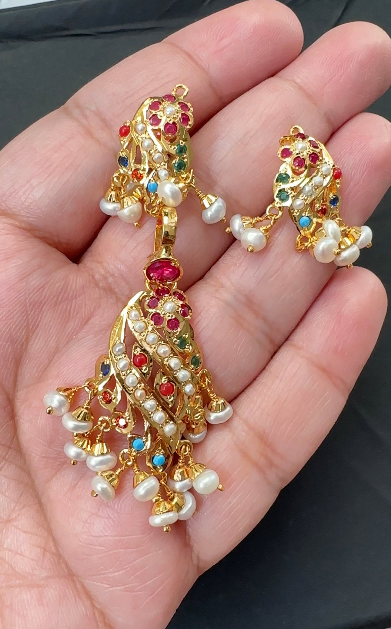 Gold plated jadau silver pendant set in navratan   ( SHIPS IN 4 WEEKS )