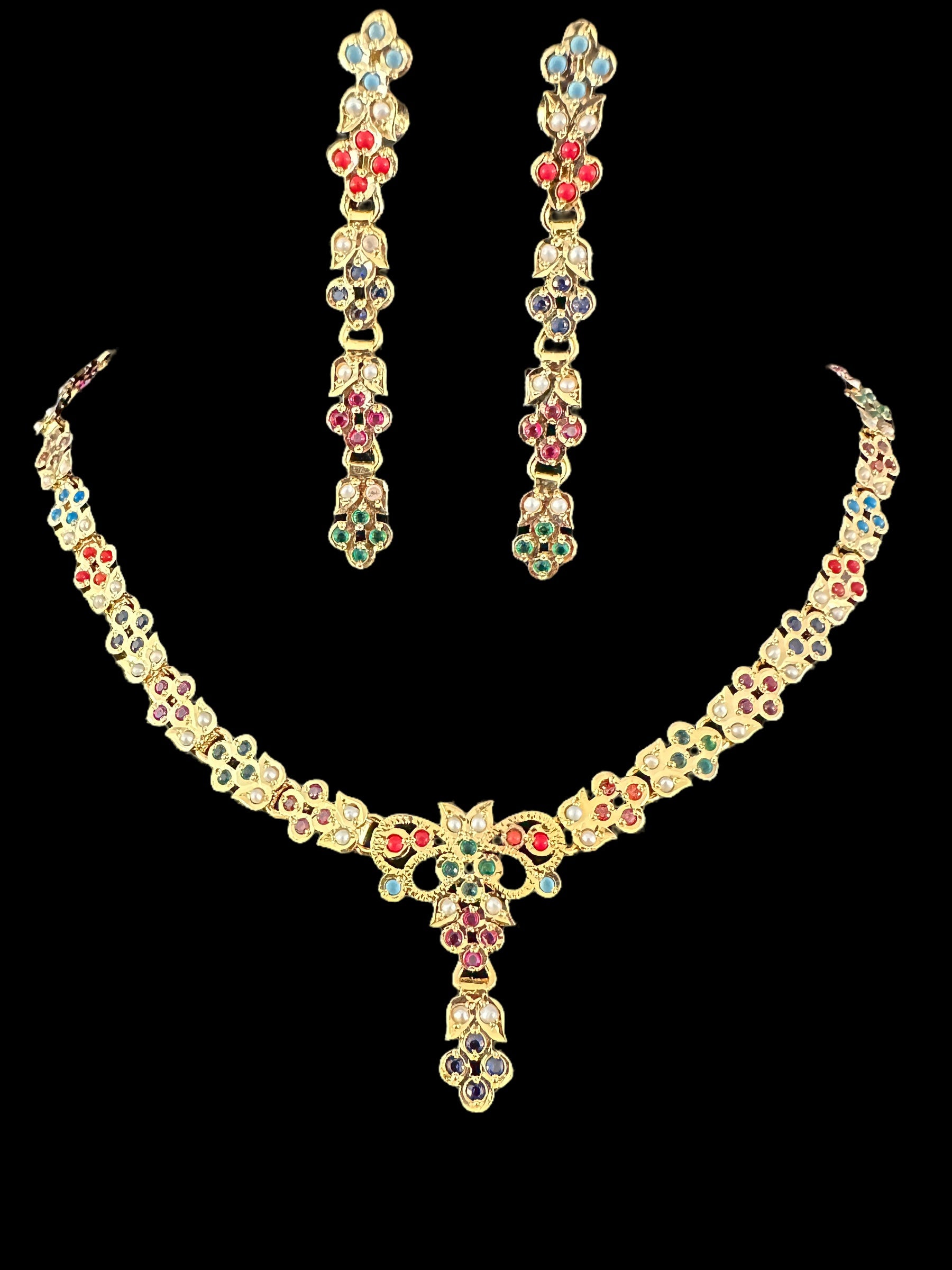 Navratan necklace set in gold plated silver ( READY TO SHIP )