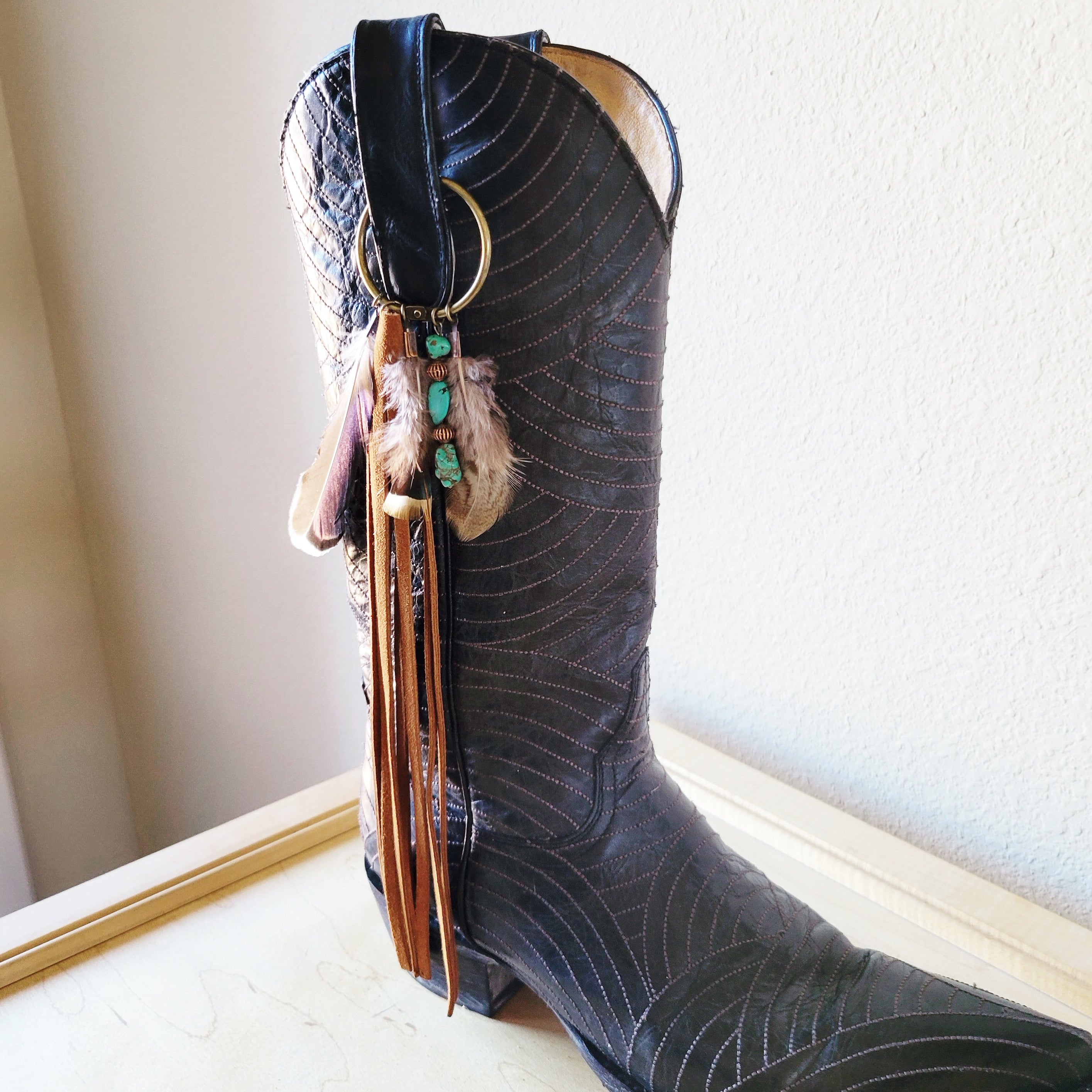 Boho Western Boot Bling Charm with Leather Fringe 500a