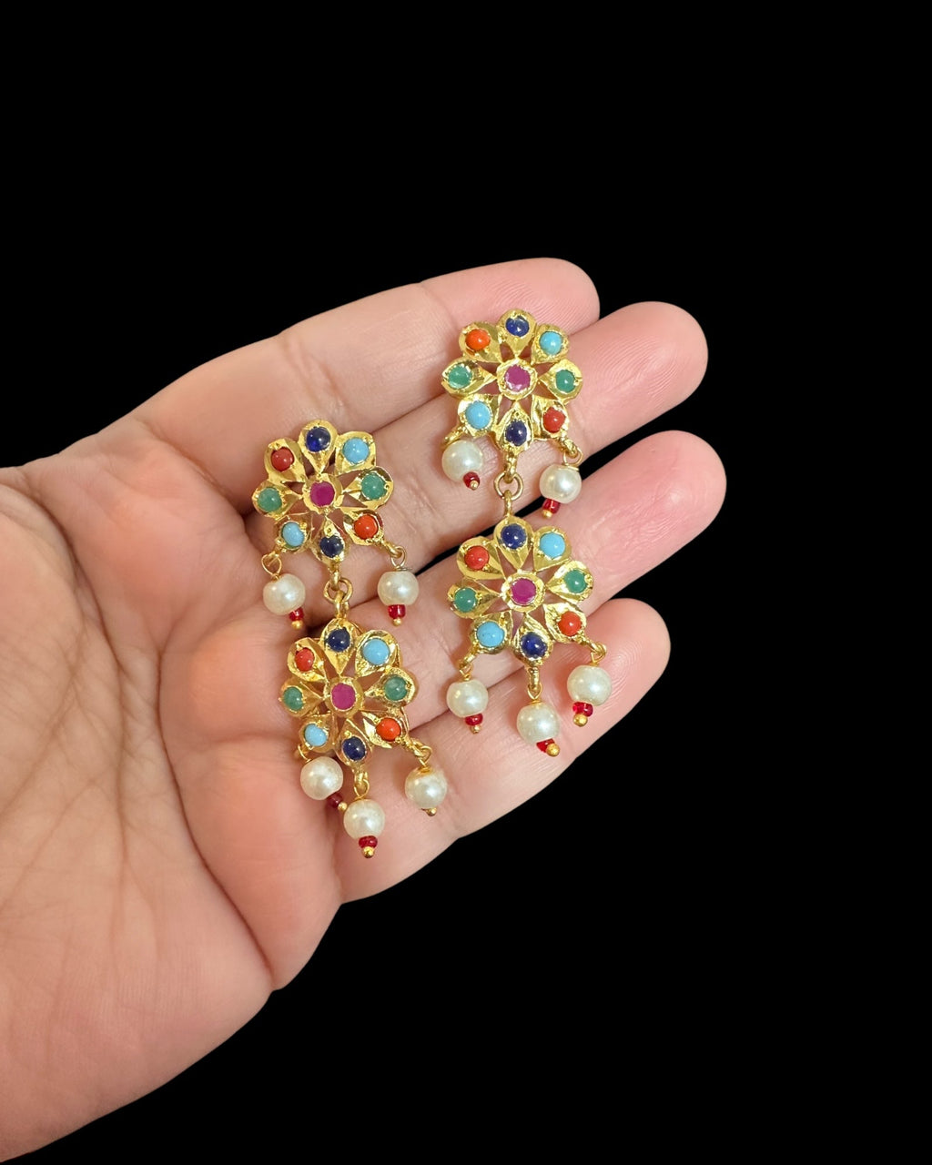 DER759 navratan gold plated earrings in flower ( READY TO SHIP)