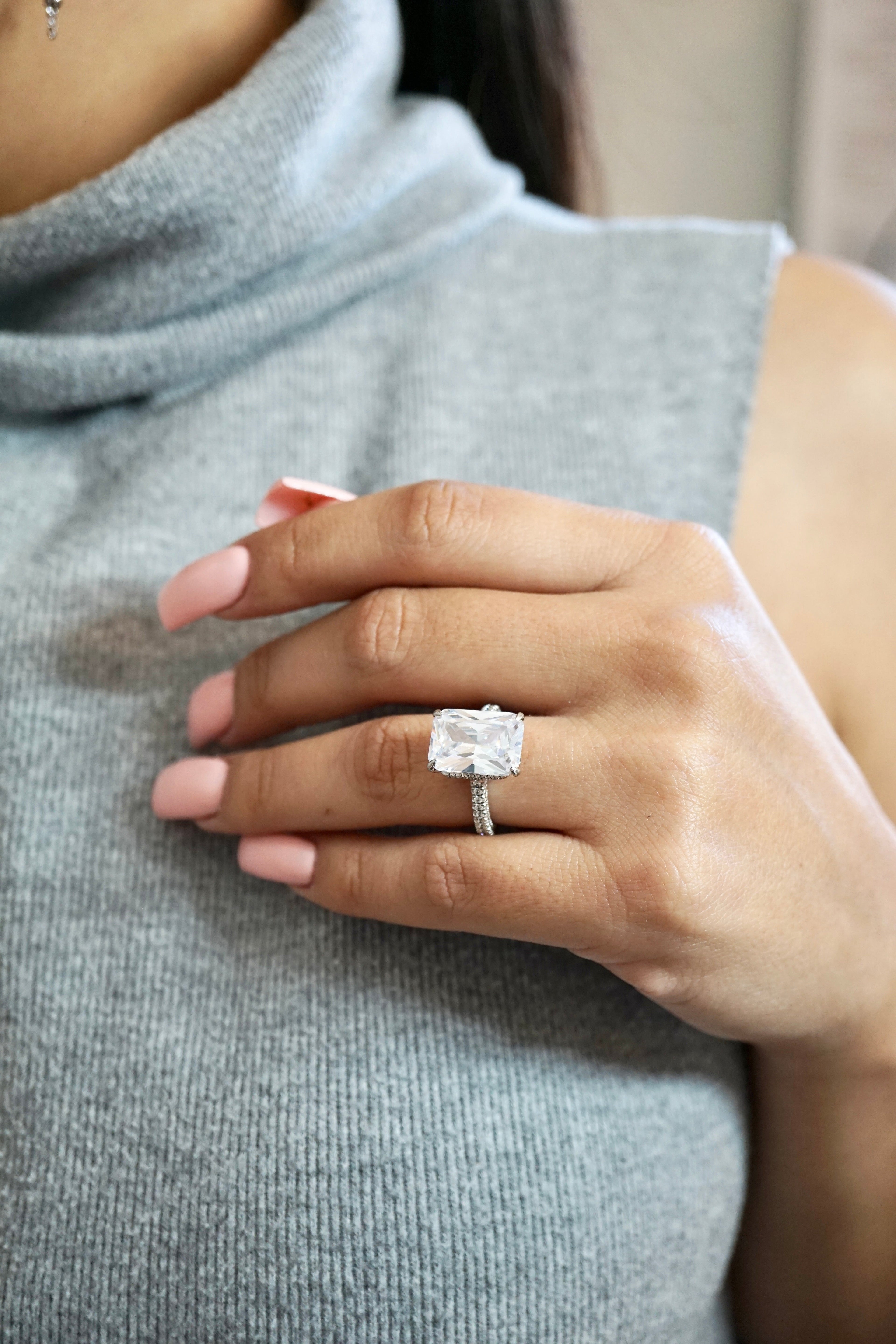 5.0ct Radiant Cut Moissanite Diamond Three Row Pavè Engagement Ring