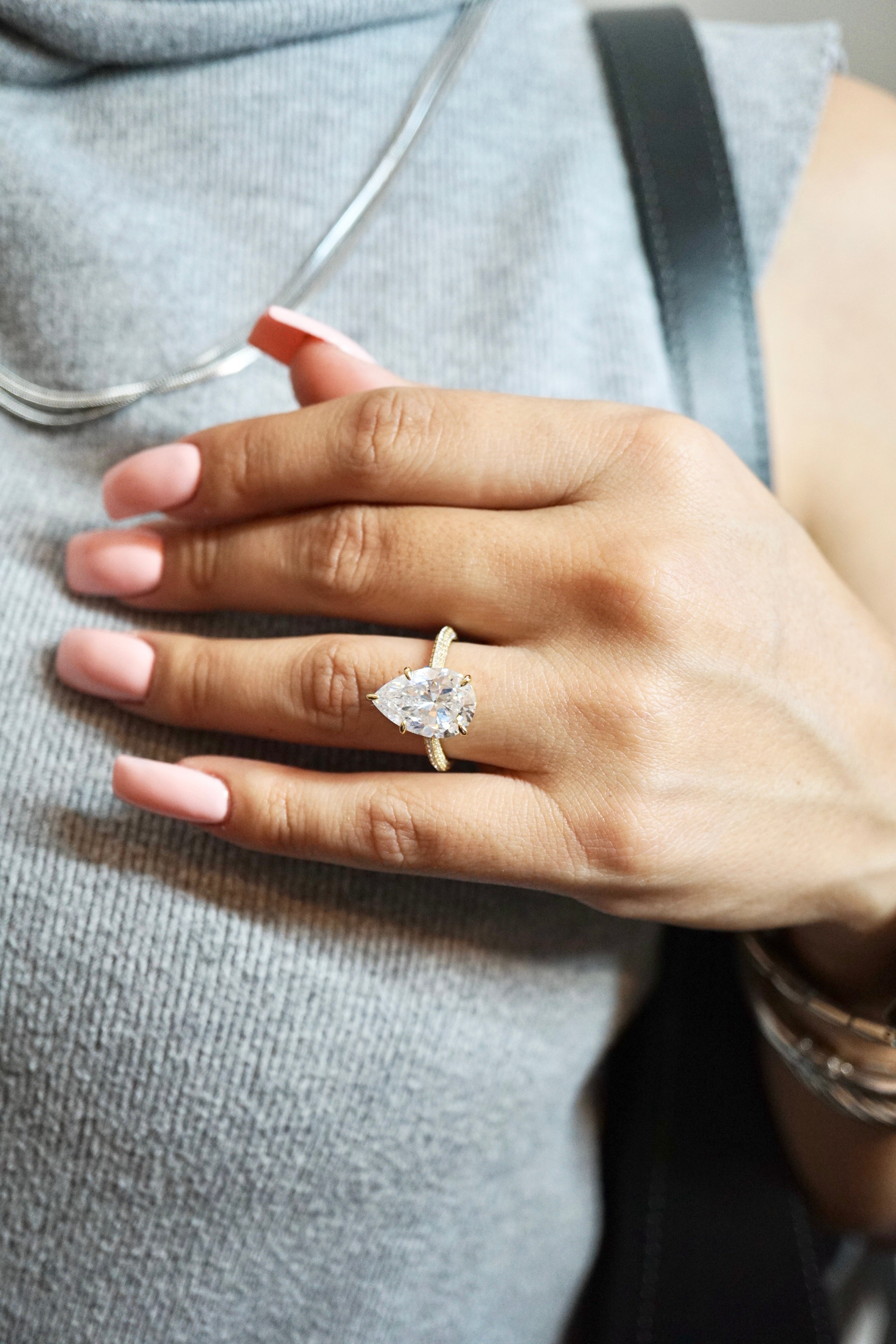 5.0ct Pear Cut Moissanite Three Row Pavè Lab Diamond Engagement Ring