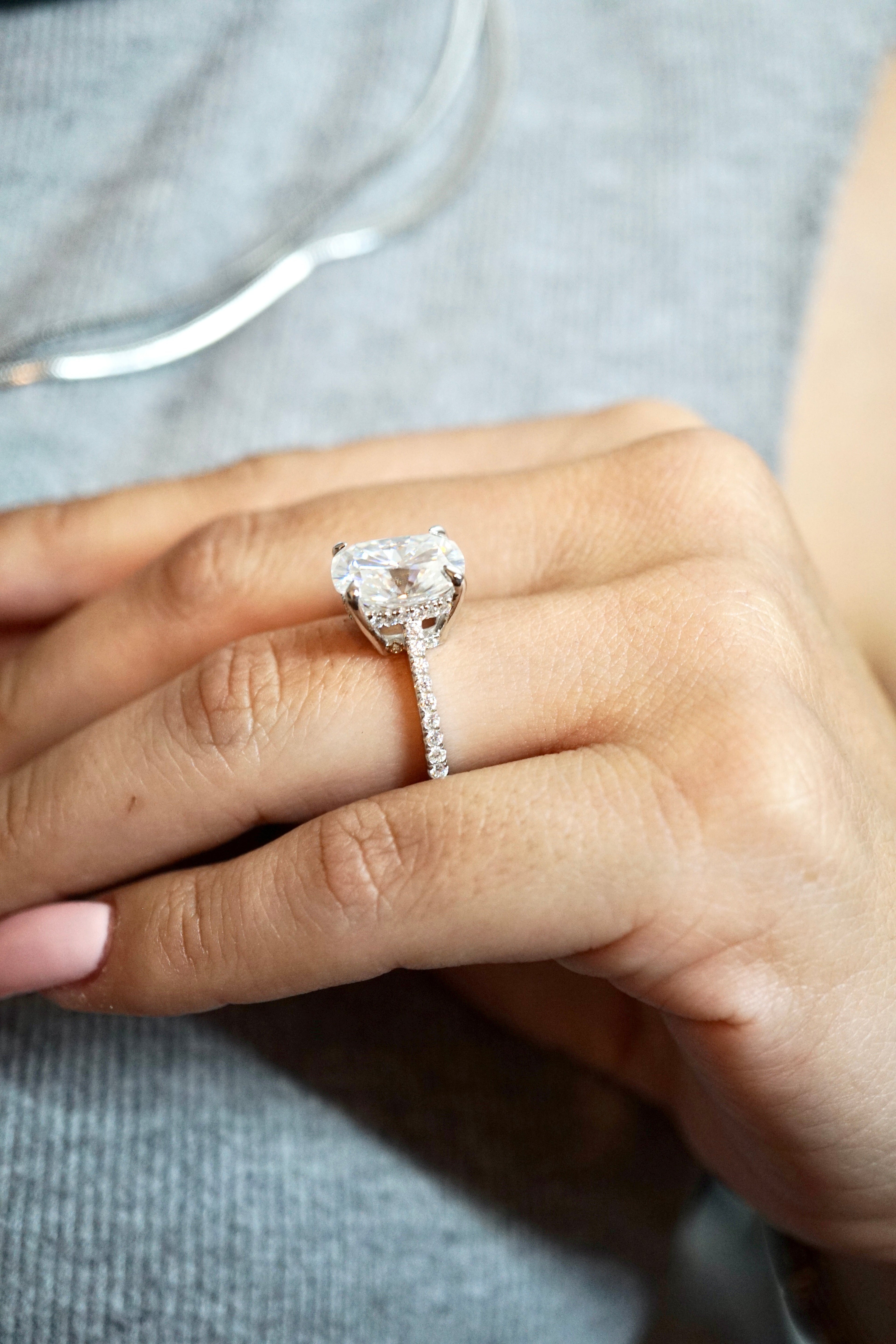 6.0ct Cuhsion Cut Moissanite Lab Diamond Accented Engagement Ring