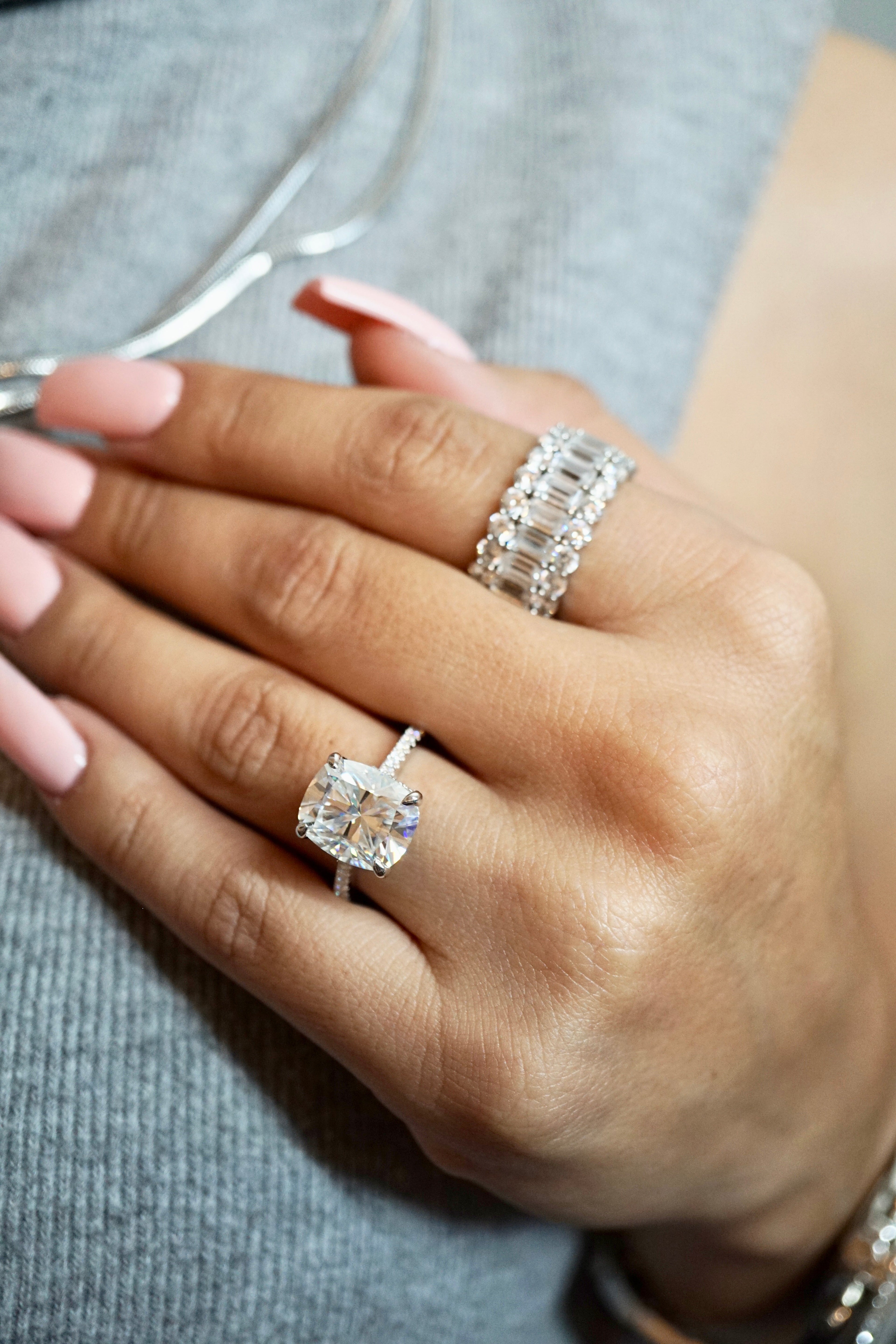 6.0ct Cuhsion Cut Moissanite Lab Diamond Accented Engagement Ring