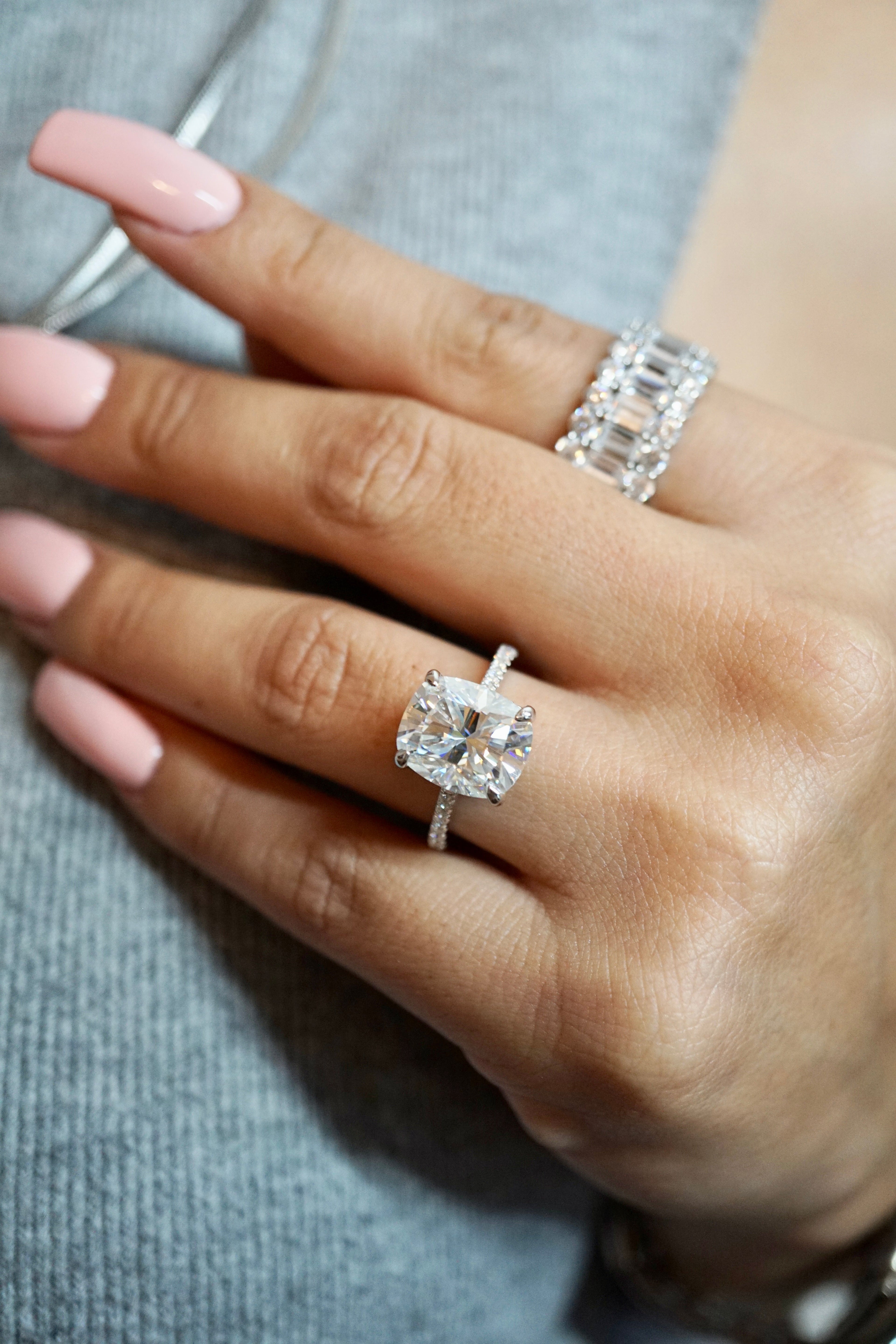 6.0ct Cuhsion Cut Moissanite Lab Diamond Accented Engagement Ring