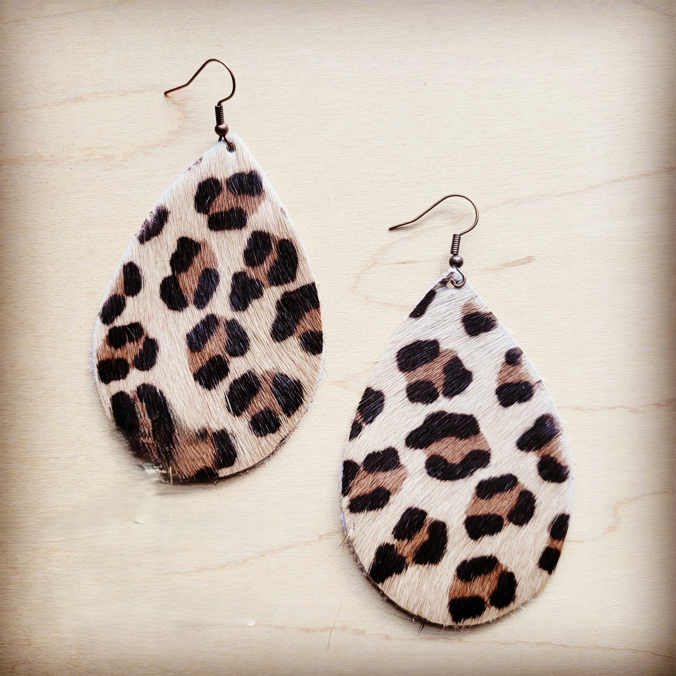 **Leather Teardrop Earrings in Hair on Hide Mini Leopard 222p