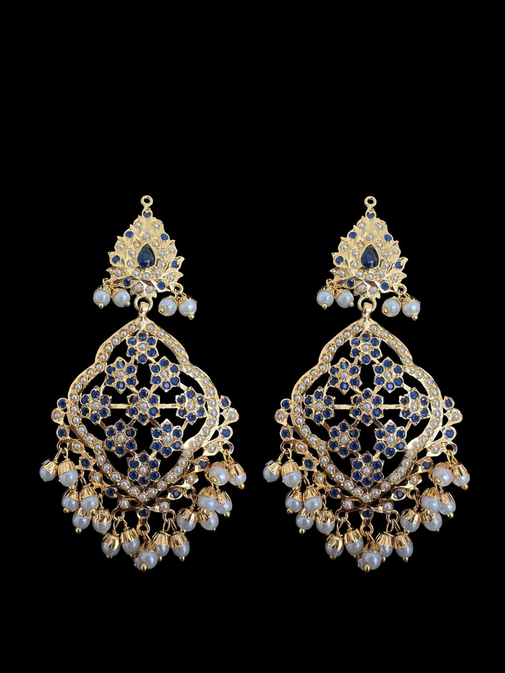 Mehru Jadau chandbali earrings tika in sapphire pearls ( READY TO SHIP )