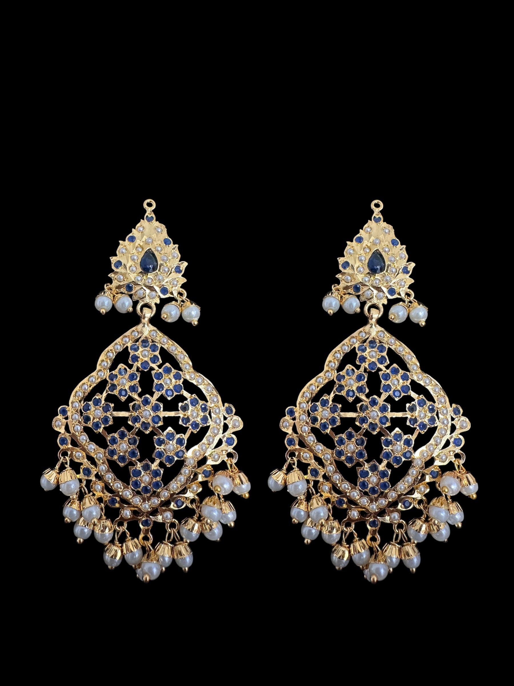Mehru Jadau chandbali earrings tika in sapphire pearls ( READY TO SHIP )