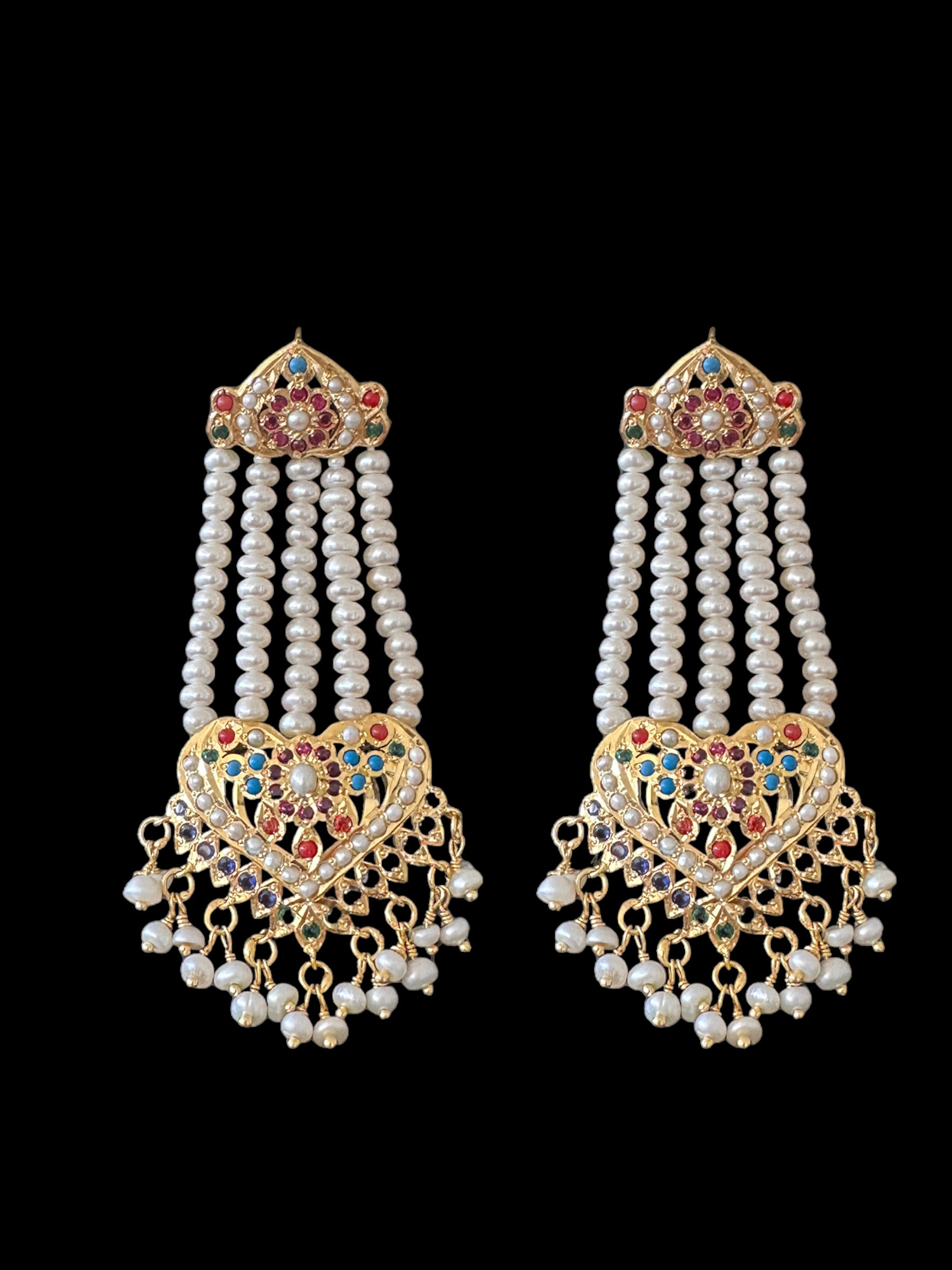 Navratan gold plated silver necklace with earrings in fresh water pearls ( READY TO SHIP )